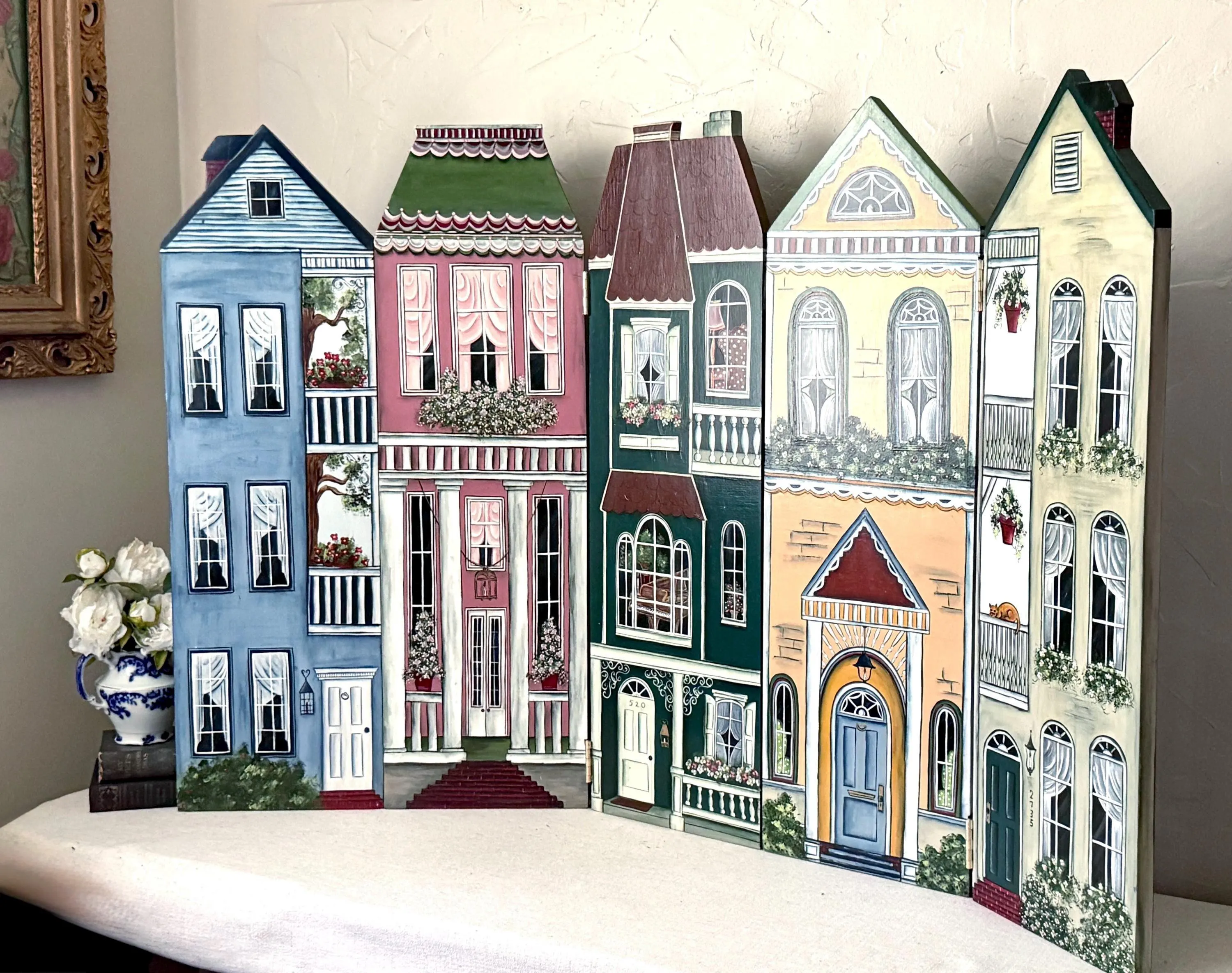 Gorgeous Vintage Hand Painted Shabby Chic Wooden Whimsical Old Architectural Design Home Facade Folding Panels - Folding Fireplace Screen