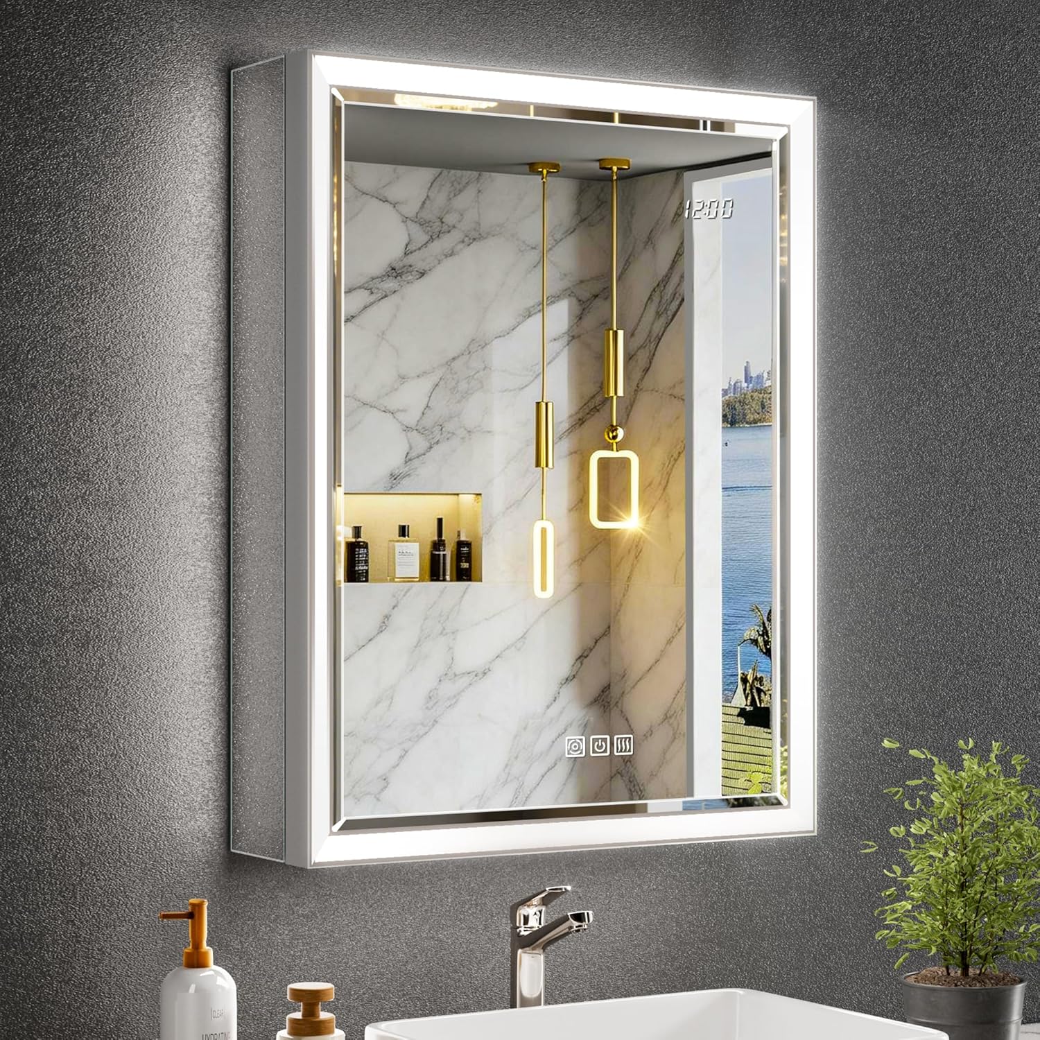 Beveled Lighted Medicine Cabinet with Mirror & Lights -20x26 Surface or Recessed Mirrored Medicine Cabinet with Outlet & Clock, Anti-Fog Dimmable LED Storage Cabinet, Built-in Sensor Light