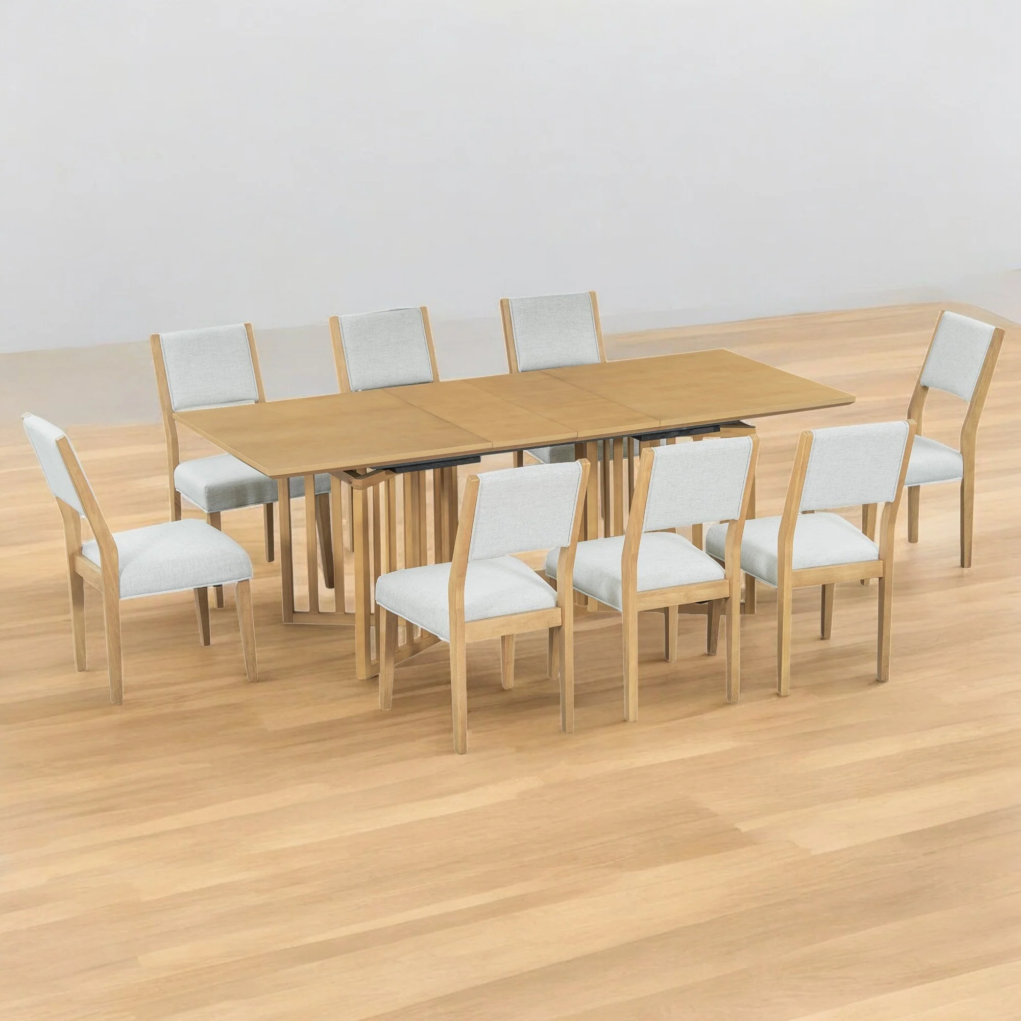 9-Piece Extendable Farmhouse Dining Set with 2 Removable Leaves and 8 Upholstered Chairs for Dining Room- Rubber Wood
