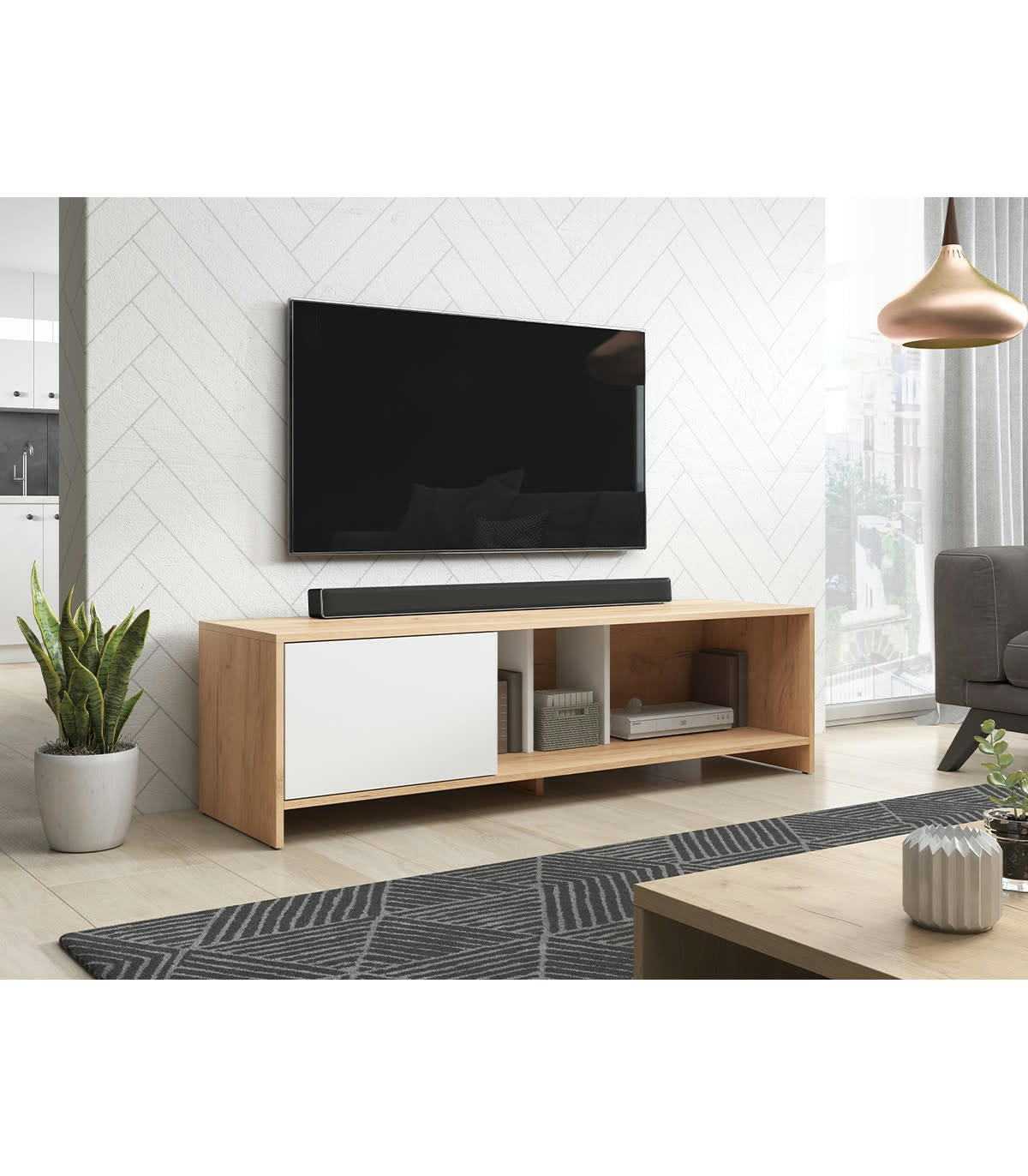 SUE - Meuble TV 1 porte L140 cm - Décor bois clair et blanc
