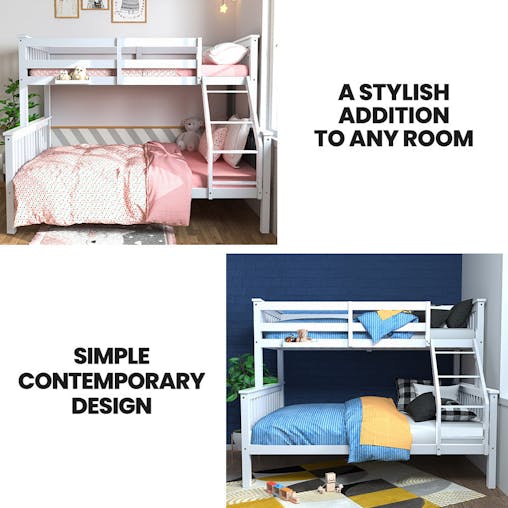 NNEMB Single Over Double Wooden Bunk Bed Frame, Triple Solid Pine 2-in-1 Modular Design, Converts to 2 Beds, For Kids, White