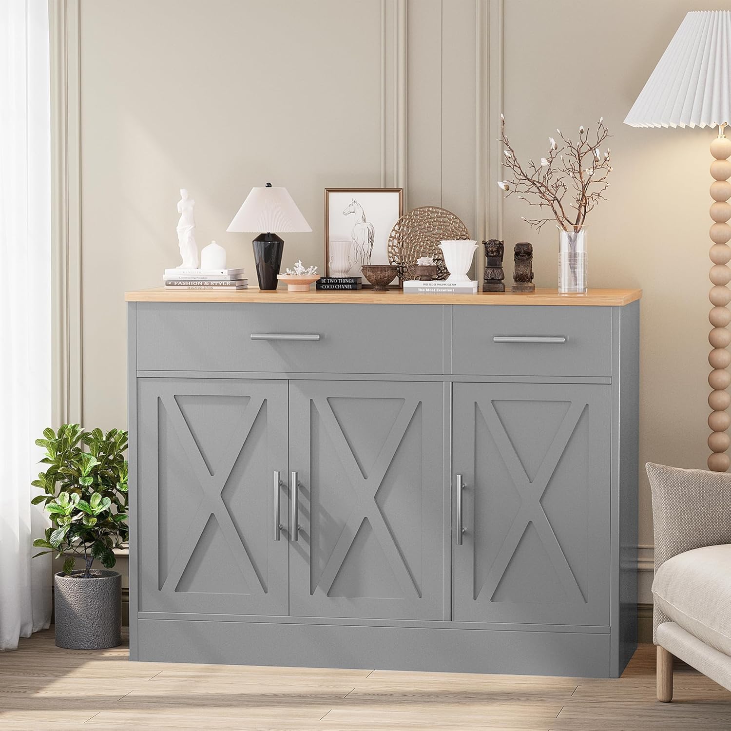 Shintenchi Modern Farmhouse Sideboard Buffet Cabinet with Storage with 3 Doors,42 Barn Doors Buffet Cabinet with Storage,Wood Coffee Bar Cabinets with Adjustable Shelf for Kitchen,Living Room,Grey