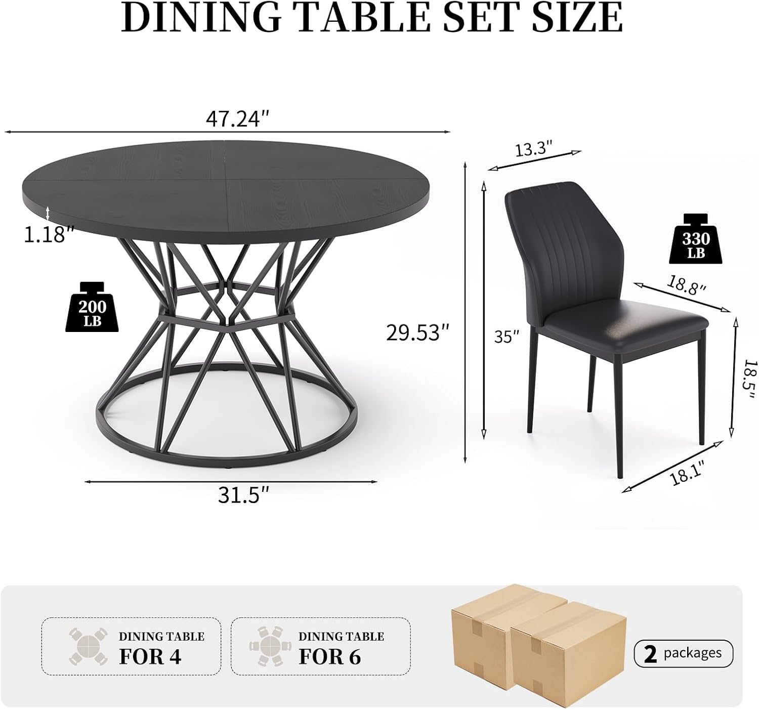 47.24 Round Dining Table Set for 4, 5 Piece Dining Room Table Set, Circle Kitchen Table and Chairs for Dining Room, Living Room, Kitchen, Apartment(Black Table + 4 Black Faux Leather Chairs)