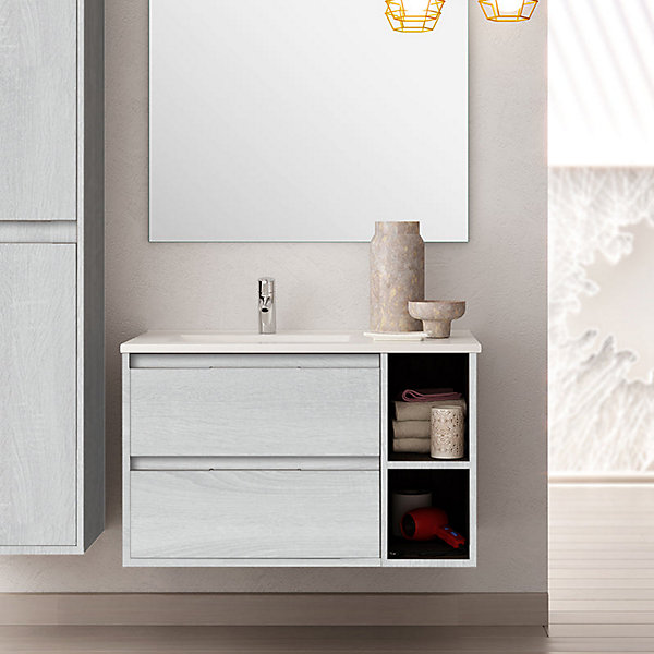 Meuble de salle de bain vasque déportée 2 tiroirs OLYMPE et miroir Led STAM - hibernian (bois blanchi) - 80cm