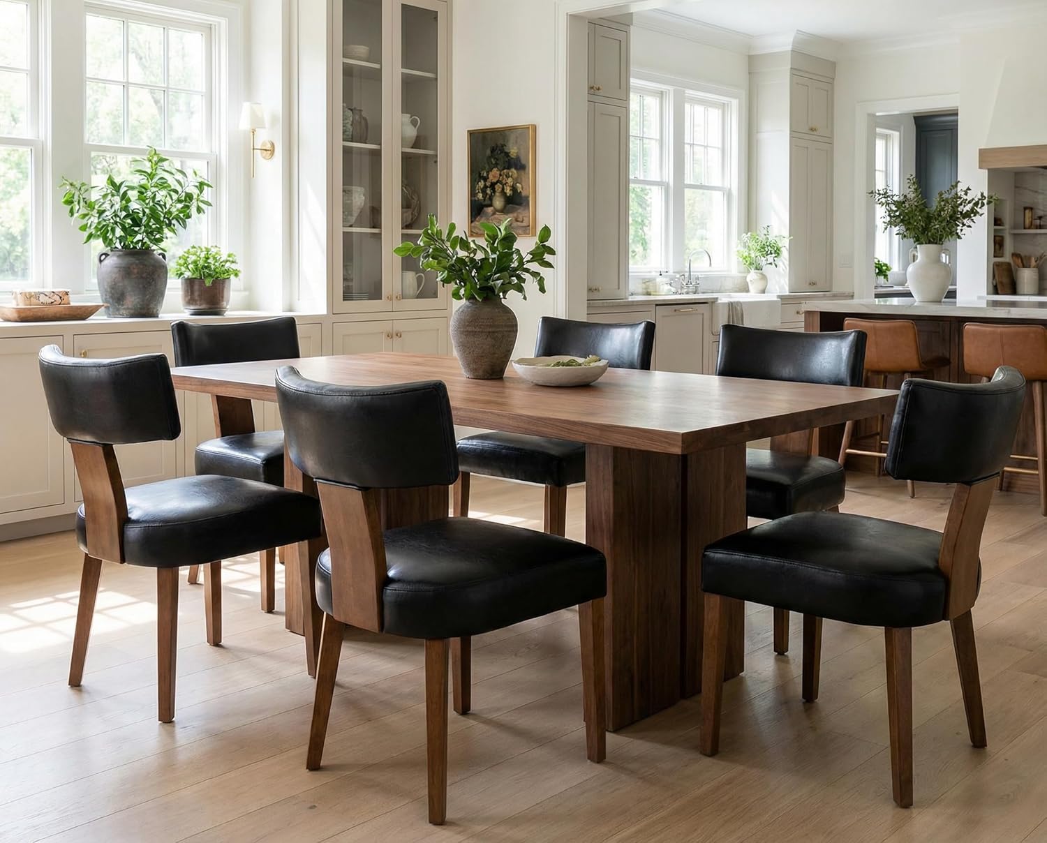 RIVOVA Mid Century Modern Dining Chairs Set of 6 PU Leather Upholstered Side Chairs, Modern Kitchen Armless Parson Chairs Solid Wood Dining Chairs, Black