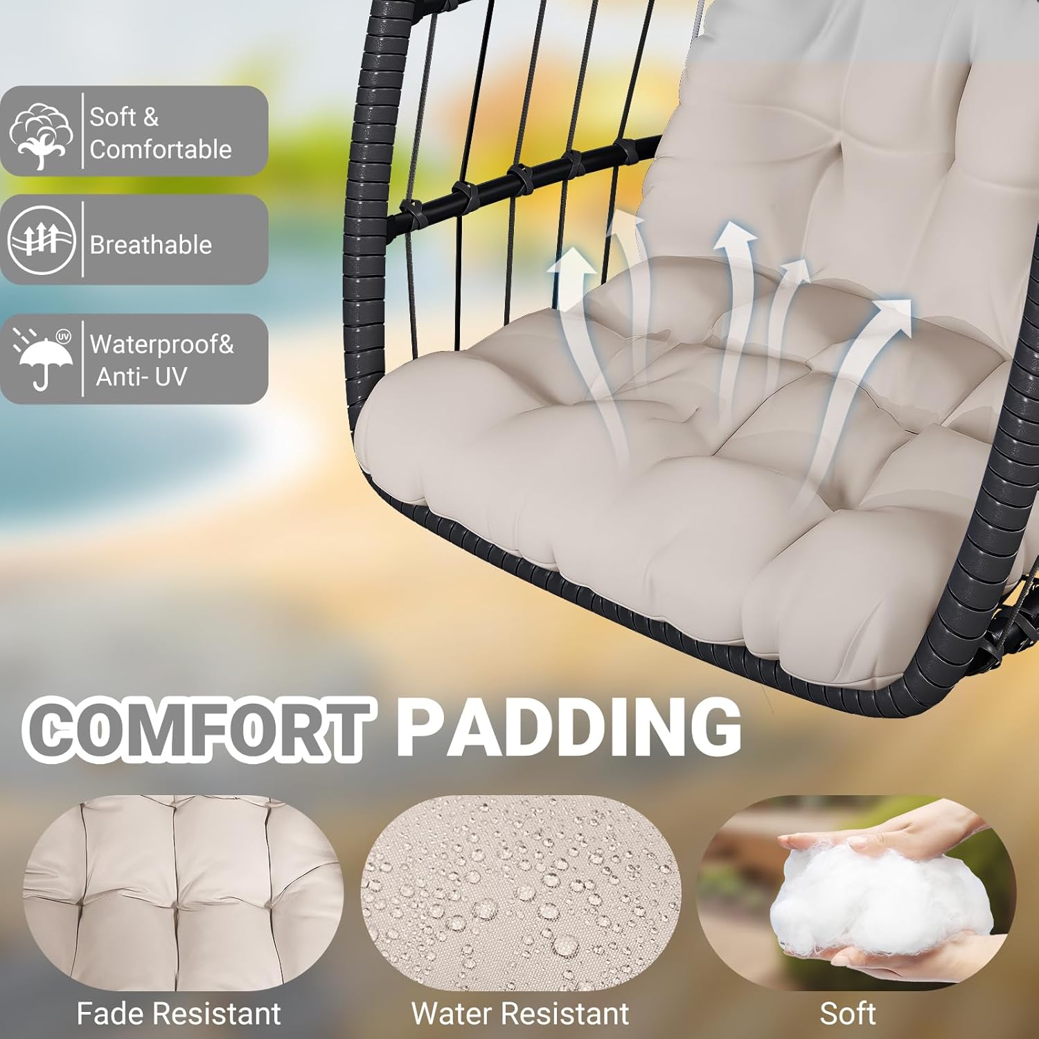CHABATREE Egg Chair with Stand,Patio Rattan Wicker Hanging Swing Egg Chair Hammock Chair for Bedroom Porch Garden,Thickened Aluminum Alloy Steel Frame and UV Resistant Cushion,350LBS Capacity