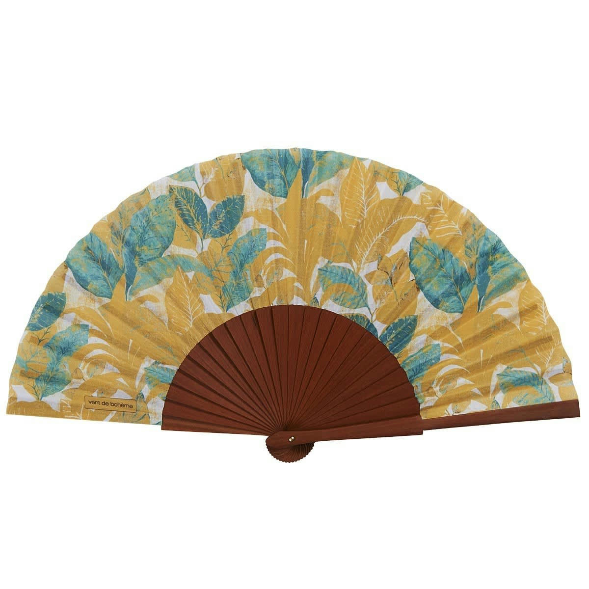 WILD - Éventail en bois de merisier et coton imprimé tropical jaune