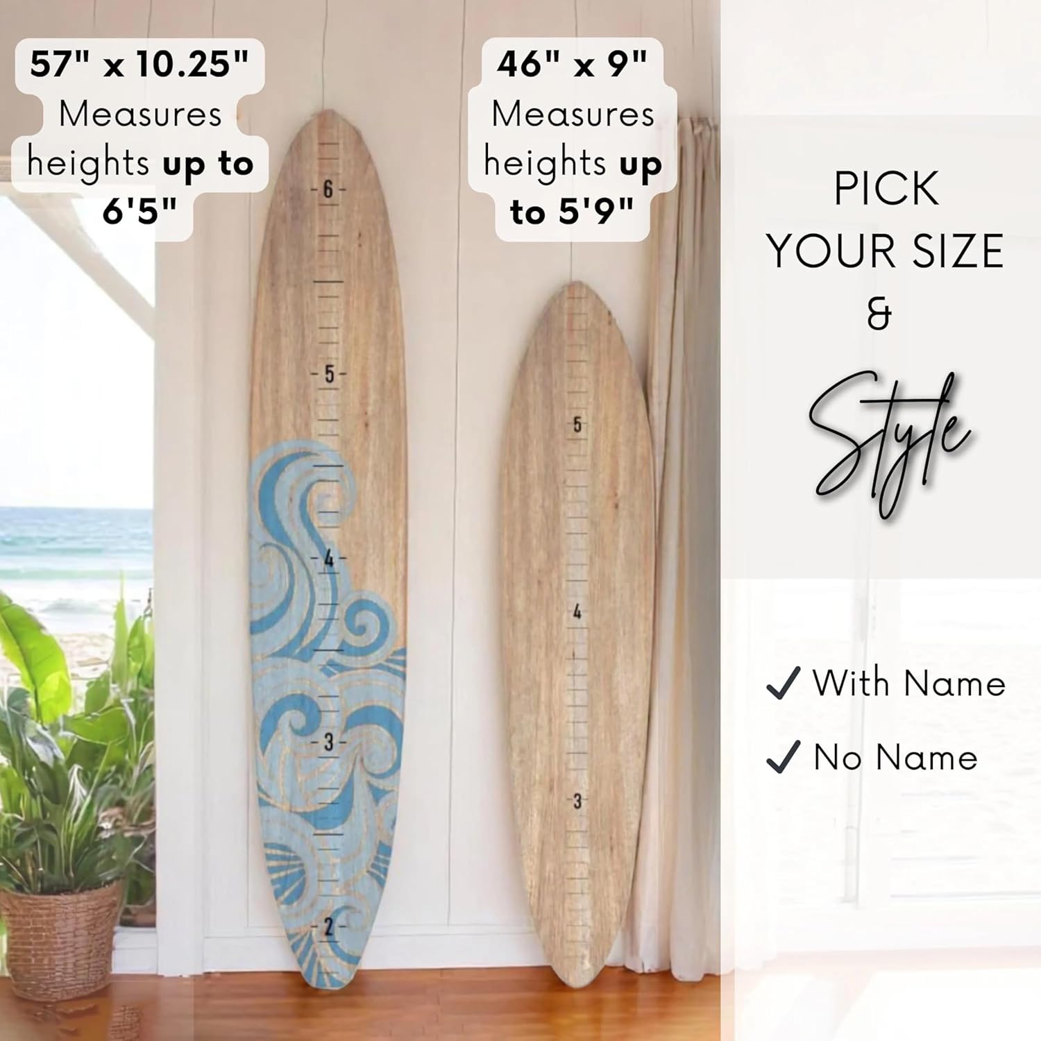 HEADWATERS STUDIO Personalized Wooden Surfboard Growth Chart for Wall, Surfboard Wall Decor, Surfboard Wall Art, Surf Decor, Surfboard Height Chart, Wood Surfboard Decor - Seaside (Shorty & Regular)