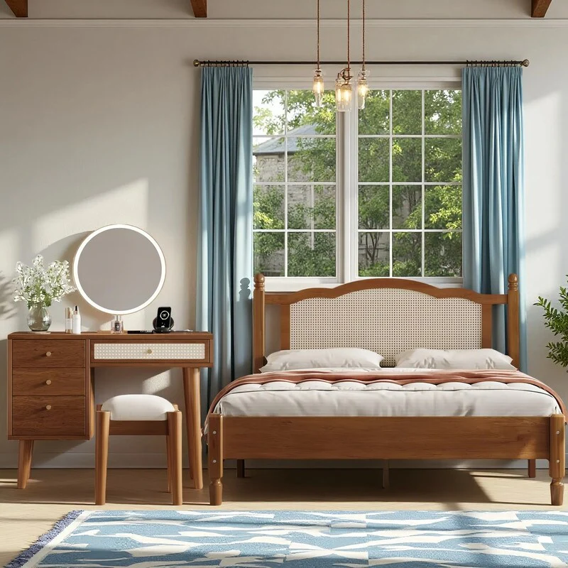 2-Pieces Bedroom Sets,Queen Size Wooden Platform Bed with Natural Rattan Headboard,and Wooden Makeup Vanity Set
