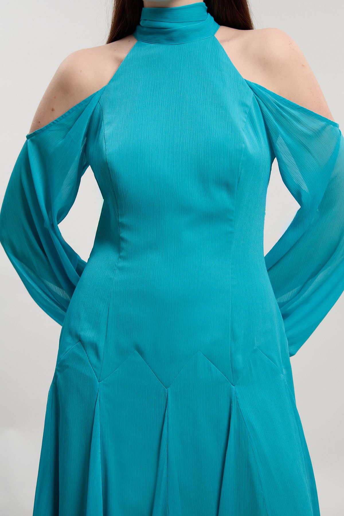 KarenMillen Crinkle Georgette High Neck Cold Shoulder Woven Maxi Dress