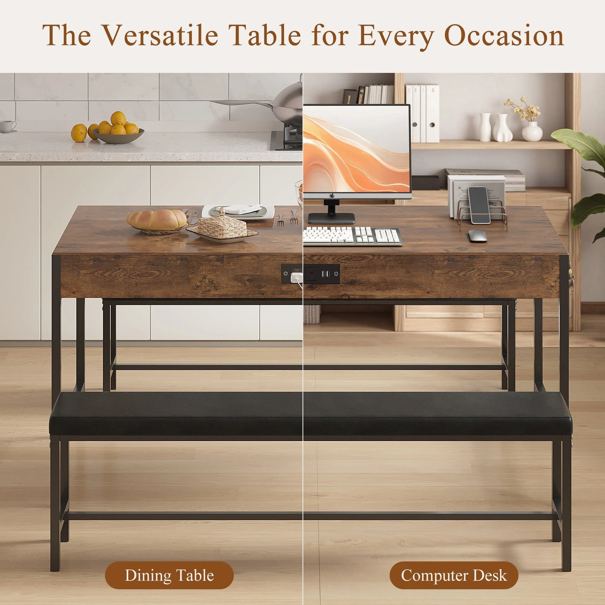 VECELO Table and Chairs Set for 4-6, 39.4Dining Table Set with Power Outlet 2 Utensil Drawers 2 Benches&Wine, Dinner Table Set