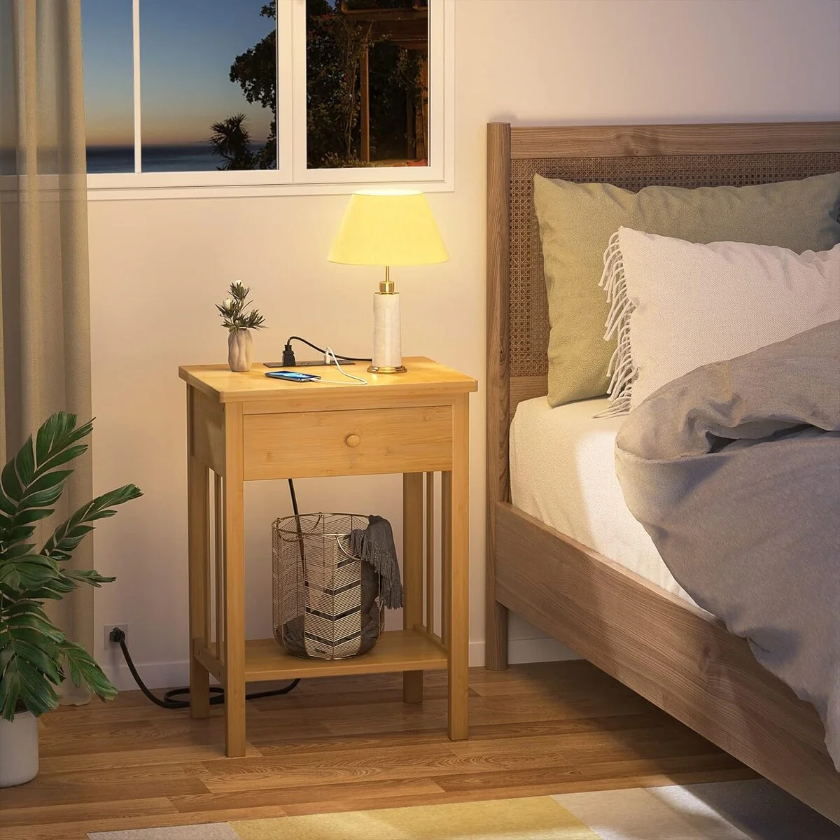 Nightstand with Charging Station, Bamboo Set of 2, Wood Bedside 13.78D x 15.75W x 23.62H