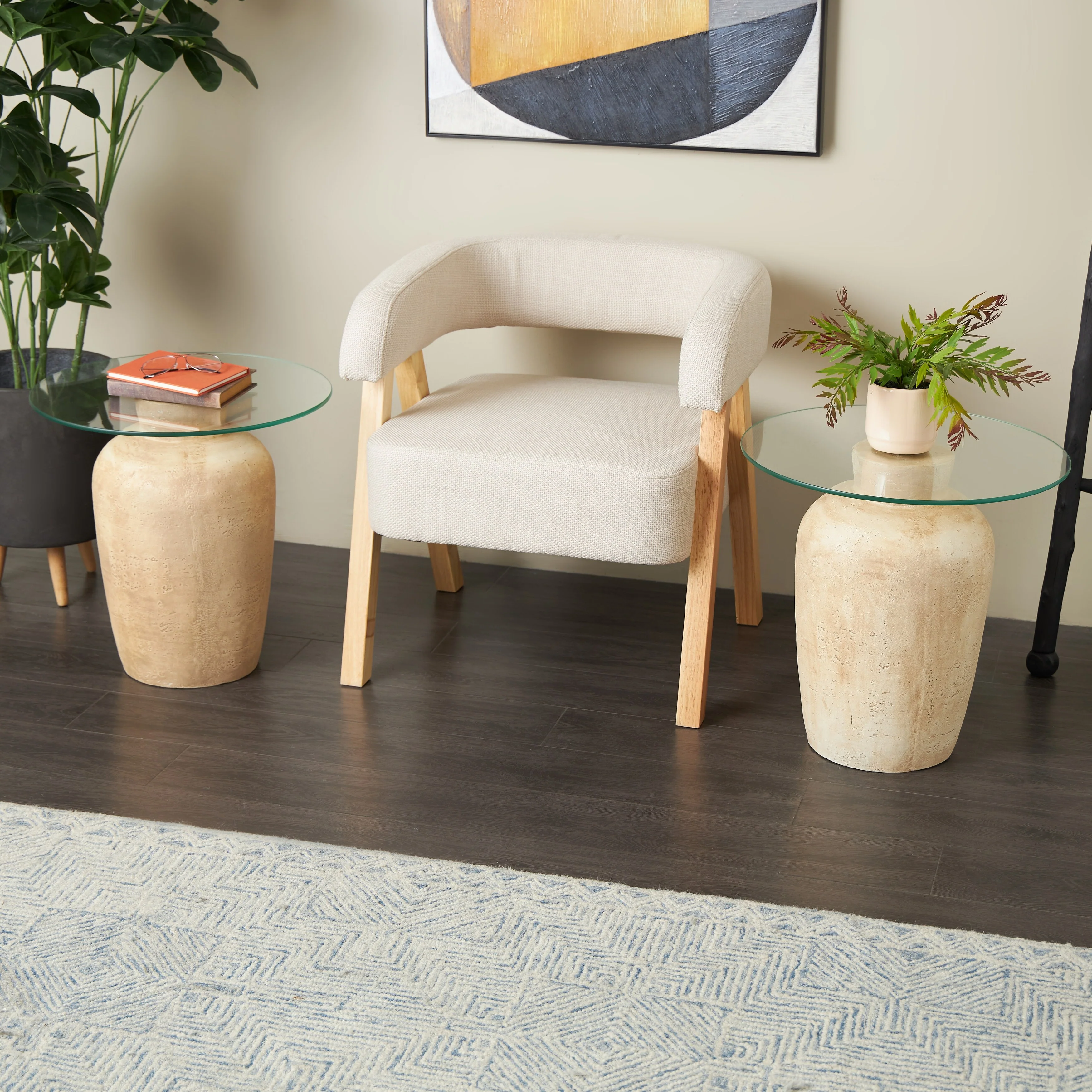 Magnesium Oxide Side End Accent Table with Glass Tabletop - Set of 2 Beige - Roche River Decor