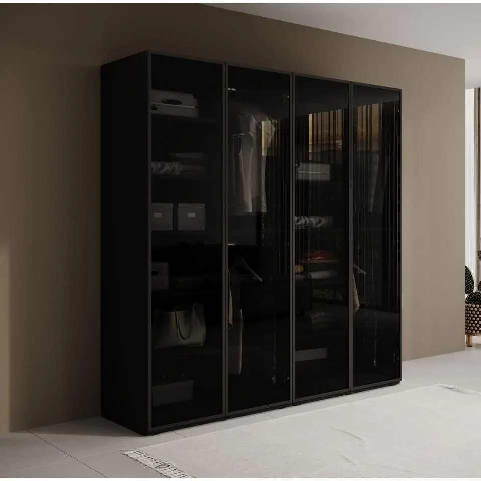 Meubella - Kledingkast Shelton - Zwart 1 - 202 cm - Met glas