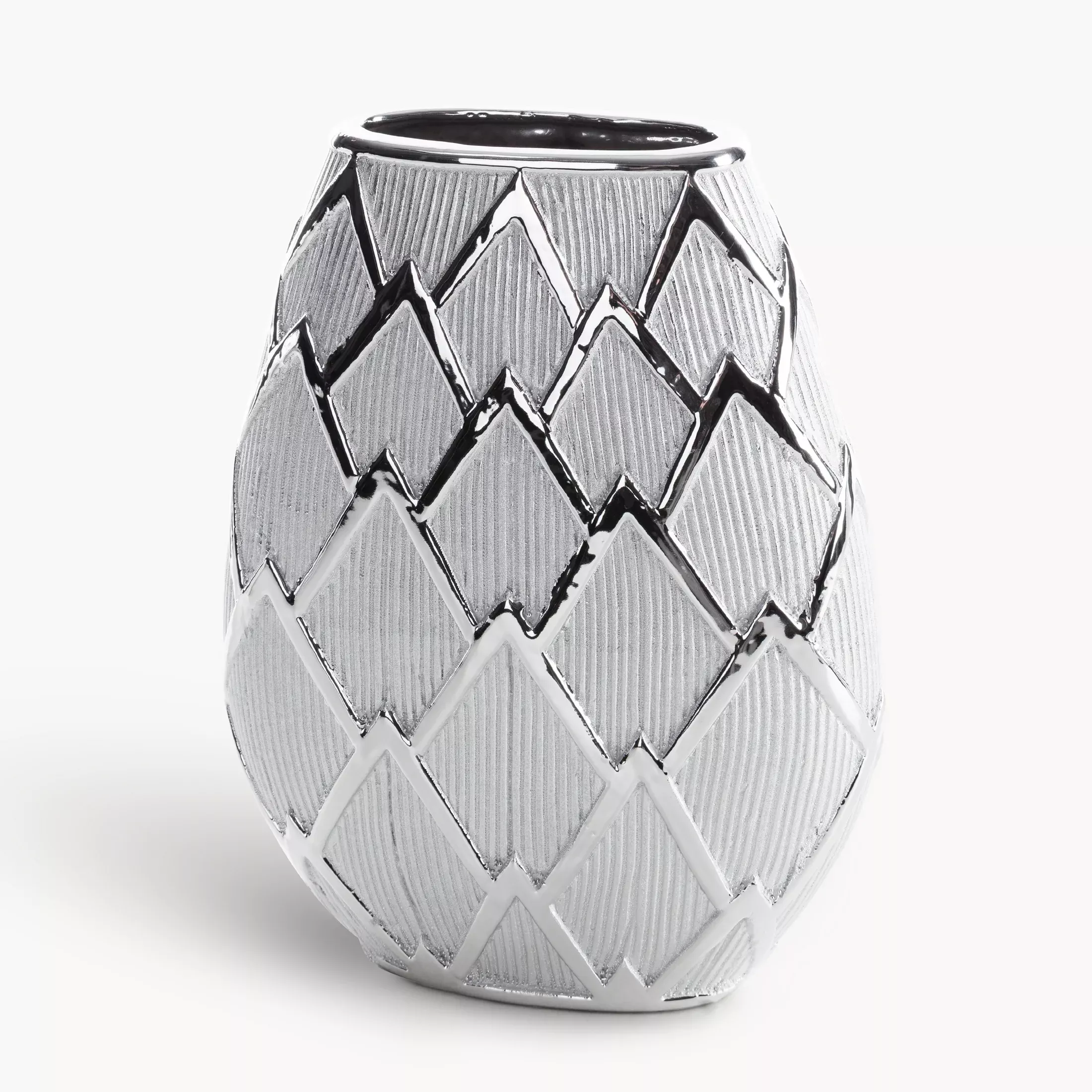 Wazon srebrny dekoracyjnyz lśniącym geometrycznym wzorem 25x11x34 cm SAELA