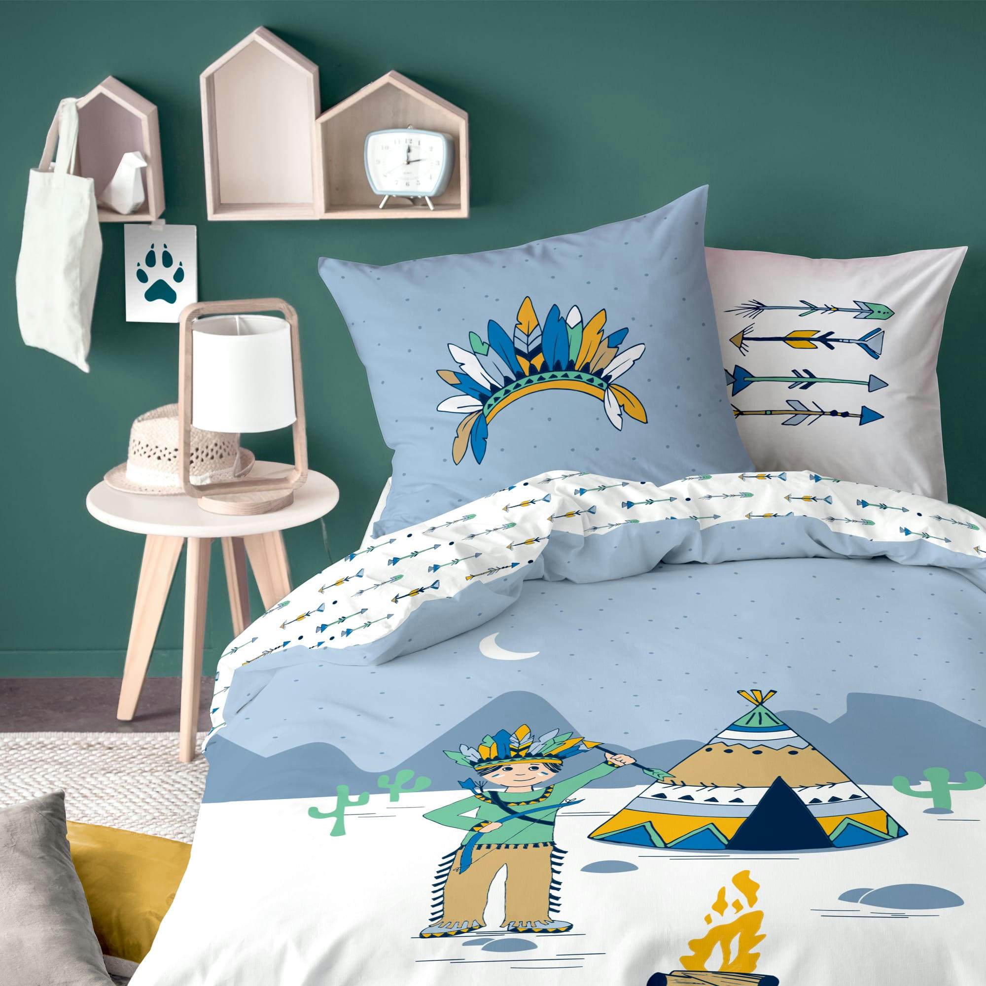 PETIT INDIEN - Parure de lit imprimée en coton Bleu 140x200+63x63cm