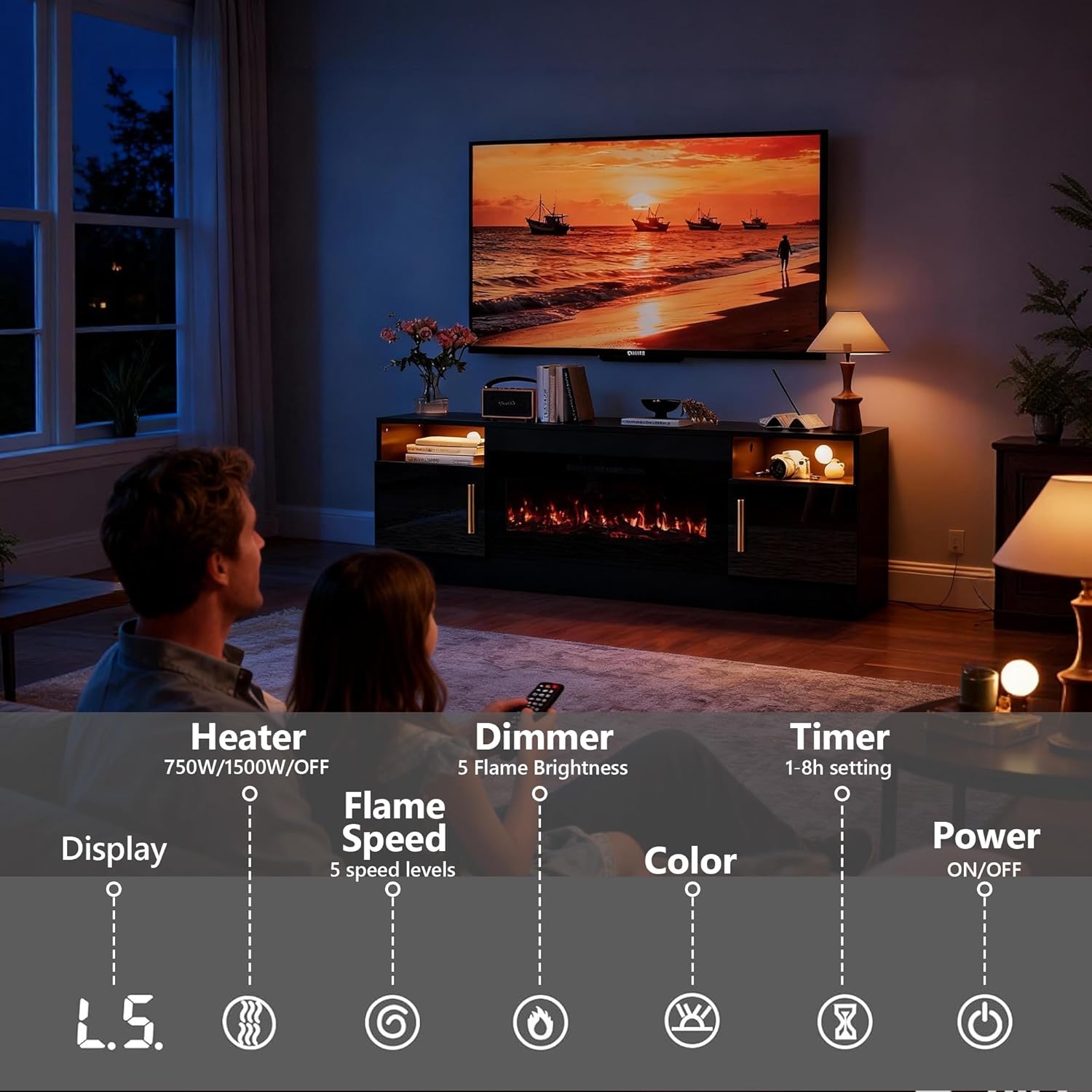Fireplace TV Stand with 36’’ Electric Fireplace, 70'' TV Media Entertainment Center with Fireplace Up to 80 inch,Modern LED TV Console for Living Room (Black with Black Fireplace)