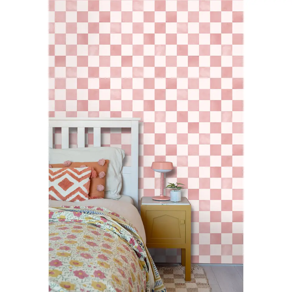 ESTAhome behang geblokt motief roze en wit - 50 x 900 cm