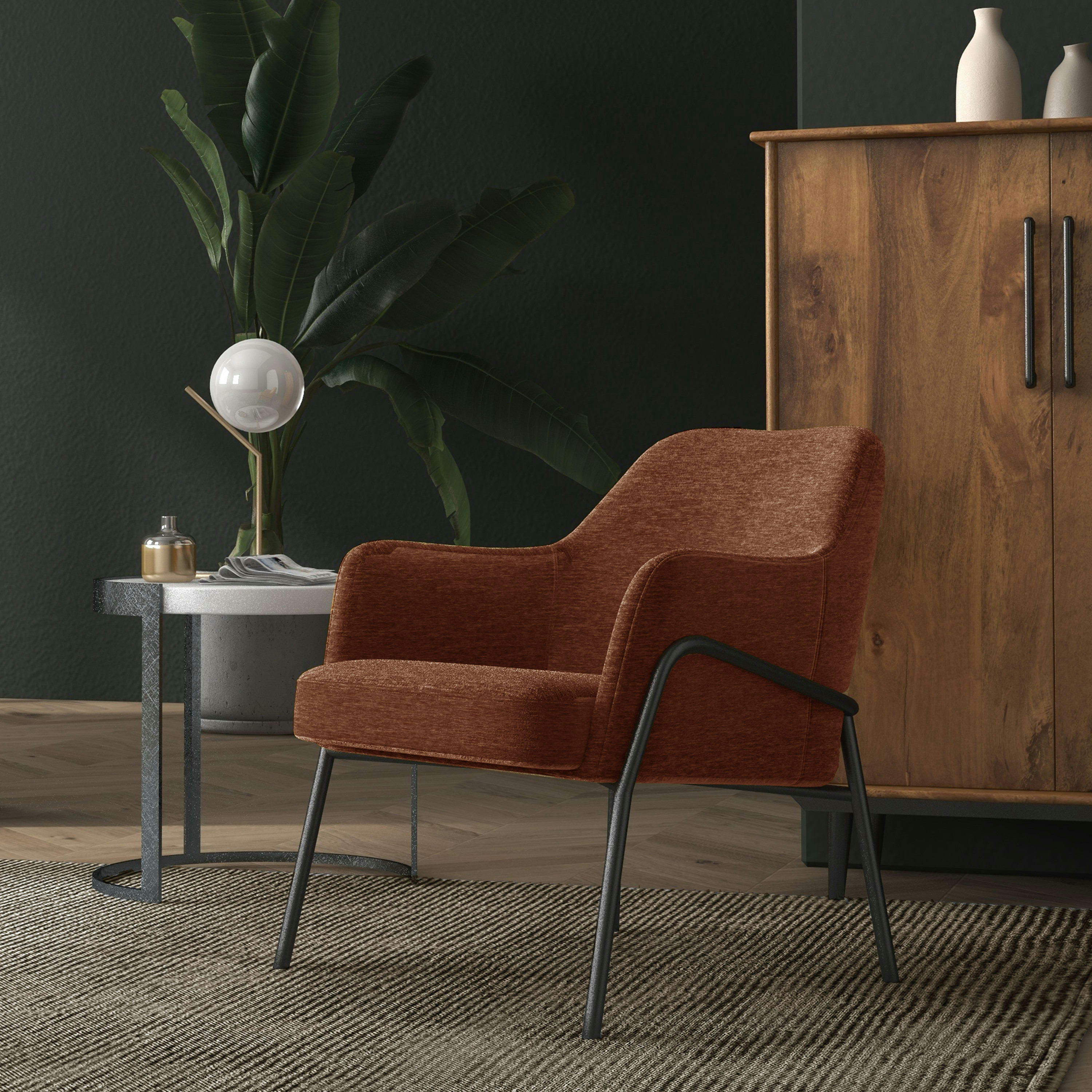 LAYTON - Fauteuil lounge, tissu chenillé Terracota et métal noir mat