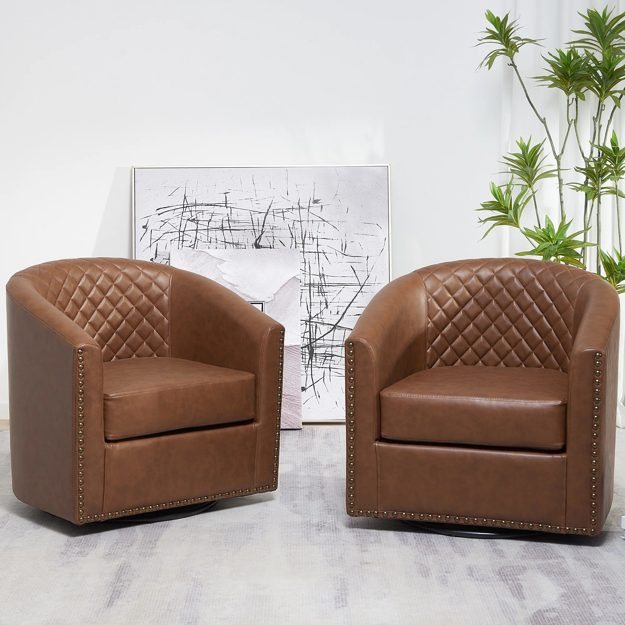 KINWELL 29 Wide Tufted PU Leather Swivel Barrel Chair (Set of 2)