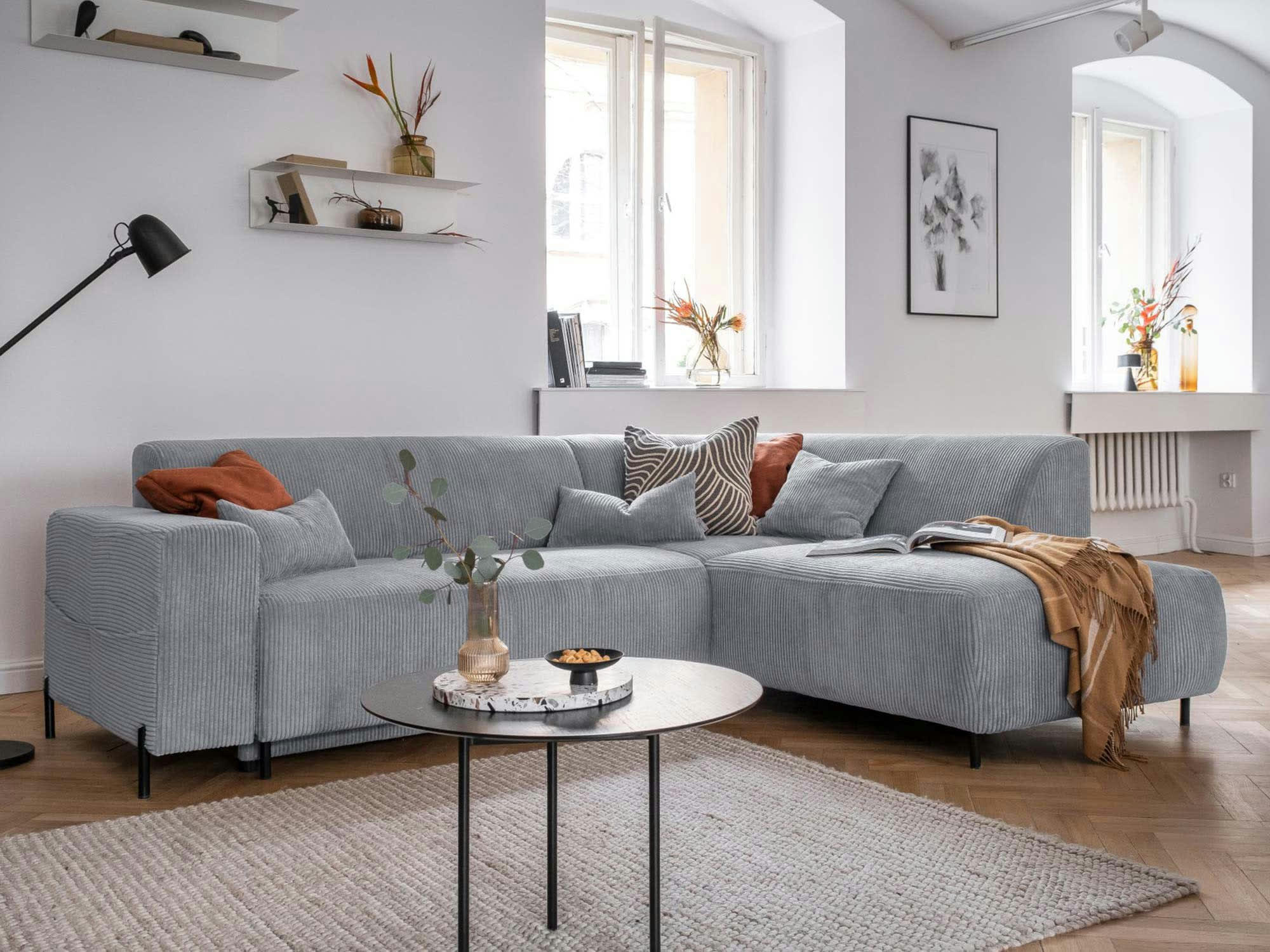 CUDDLY - Canapé d'angle droit convertible 5 places en velours côtelé gris clair