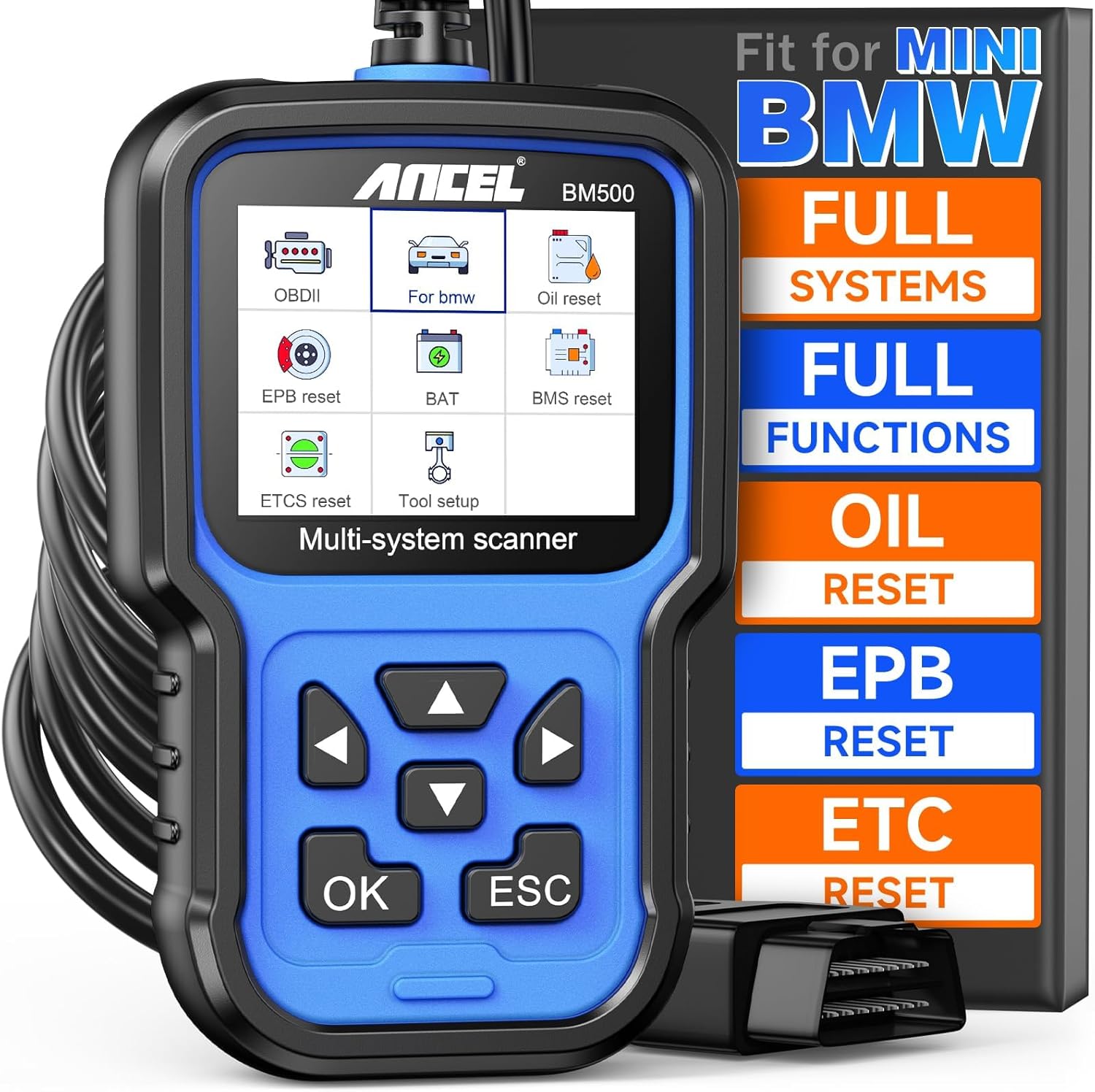 ANCEL BM500 OBD2 Scanner for BMW & MINI, Simplified Battery Registration, EPB, Oil, Throttle, PCM Resets, I/M Readiness, Full System Diagnostics for Engine, Transmission, ABS, SRS, DSC & More
