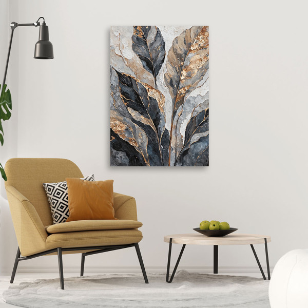 Feeby Obraz na płótnie, Abstrakcyjne Liście Szary Złoty 40x60