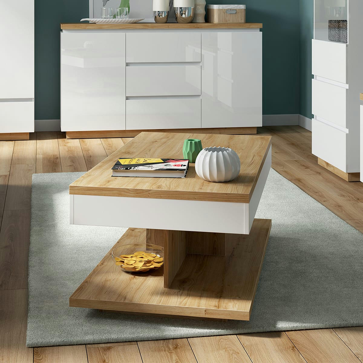 - Table basse blanche et naturelle