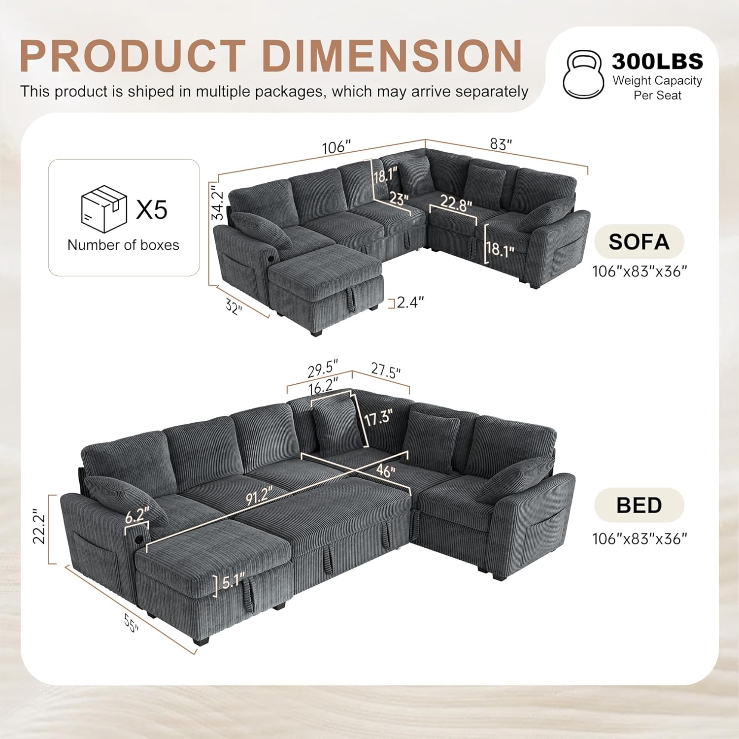 Hanherry Sectional Couch with Pull Out Sofa Bed,Corduroy Sleeper Sofa with Storage Ottoman & USB Charging,Comfy L Shaped Modular Couches for Living Room,Apartment | USB Charging, Corduroy Fabric
