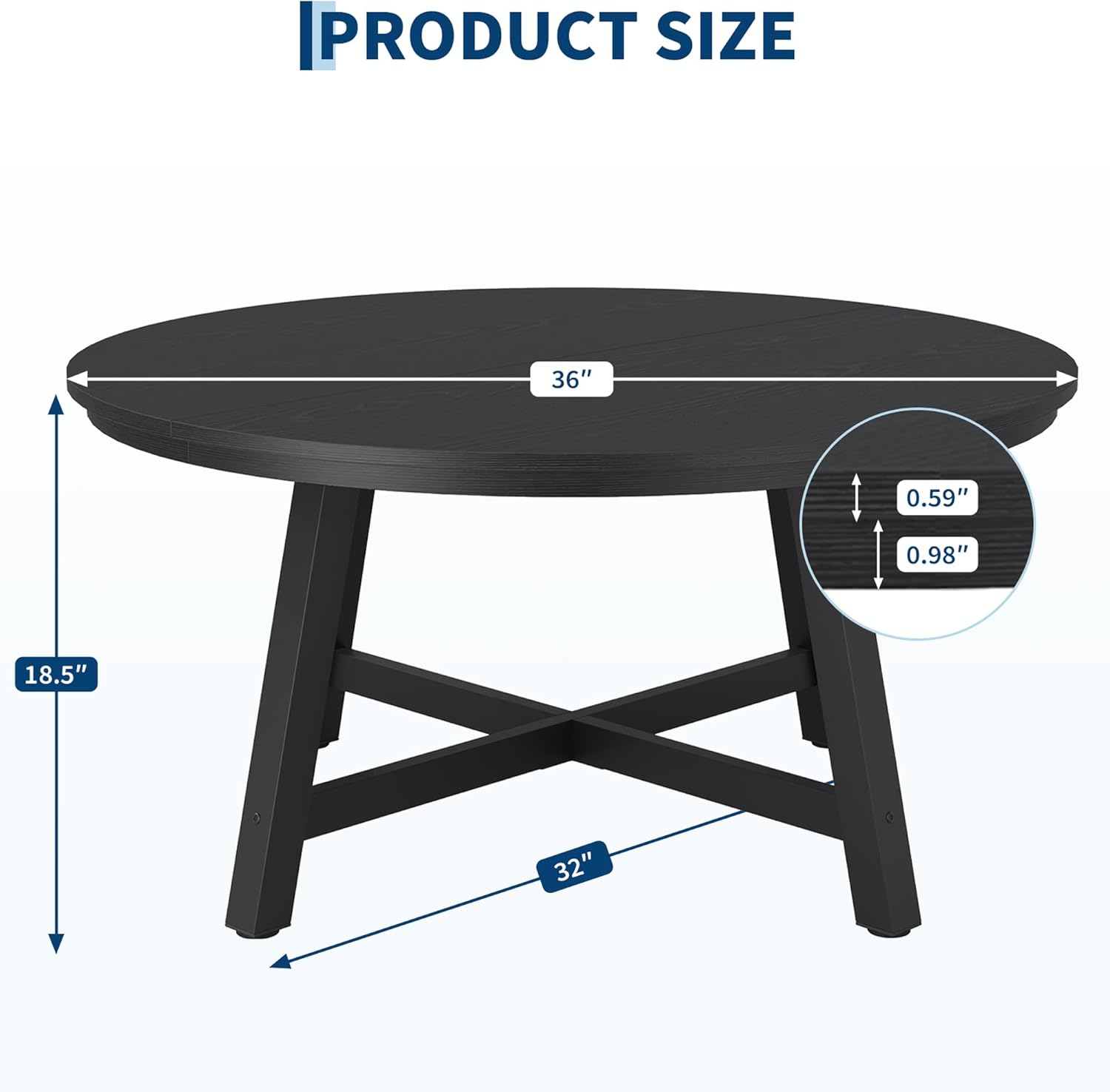 GarveeHome Round Coffee Table 36 Center Table,Large Coffee Table Black Accent Tables with Adjustable Feet, Living Room Tables with Thickened Legs and Designed Wood Grain, Easy Assemble