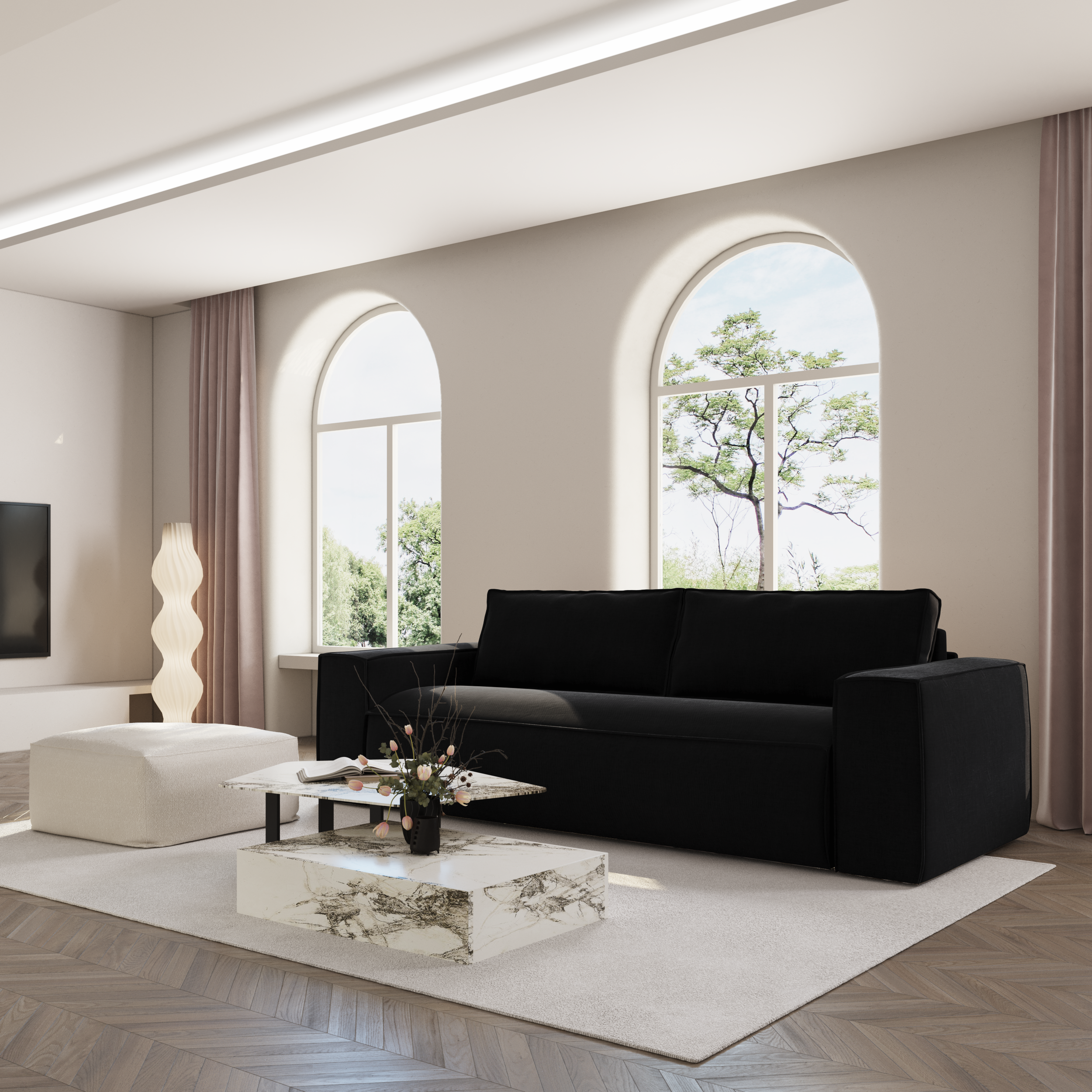 Rechte bank JOAN 3 personen Fluweel Donker antraciet