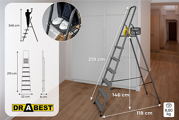 échelle domestique en acier à un côté, DRABEST, 7 marches, capacité de charge 125 kg, 1 pièce.