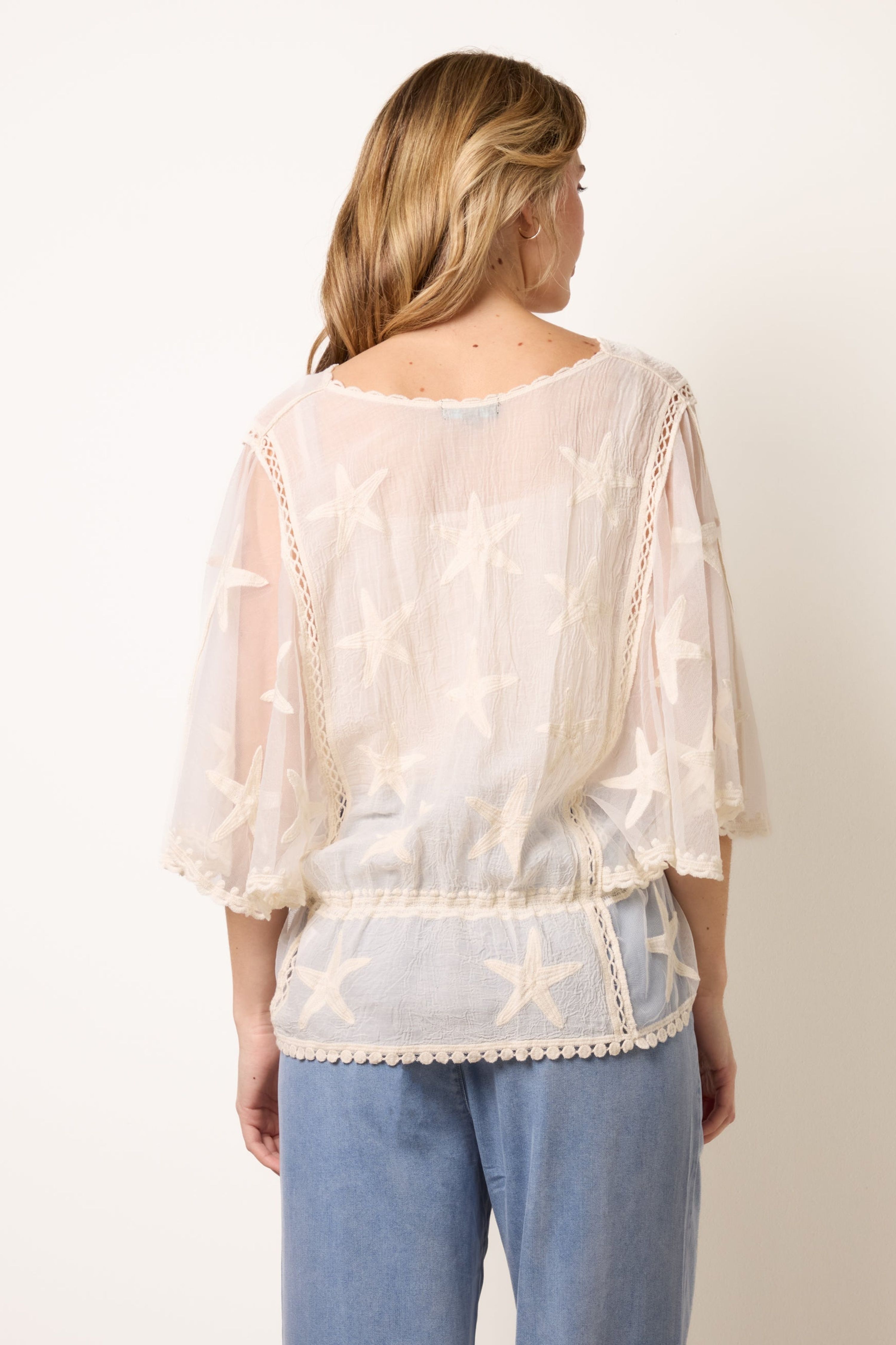 Blue Vanilla Stone Star Fish Embroidered Butterfly Sleeve Blouse