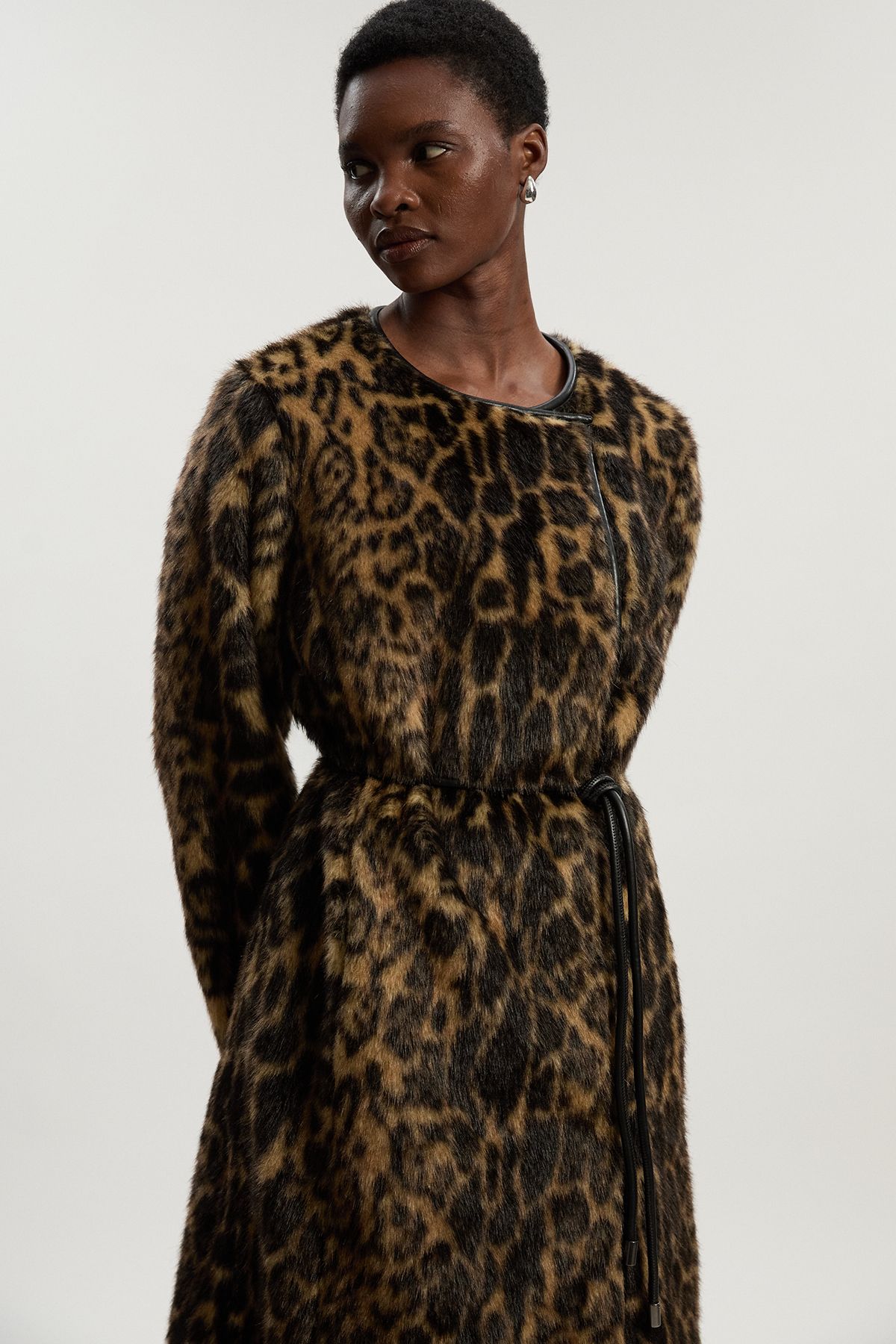 KarenMillen Faux Fur Leopard Collarless Tie Belted Midi Coat