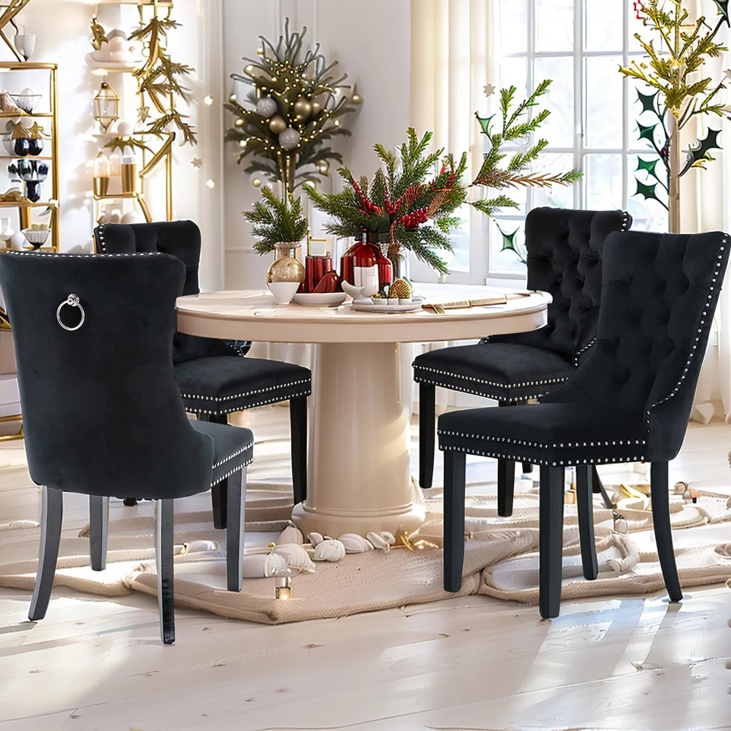 Dining Chairs Set of 4, Luxury Upholstered Velvet Kitchen Chairs Side Chair with Padded Seat Back and Solid Wood Legs