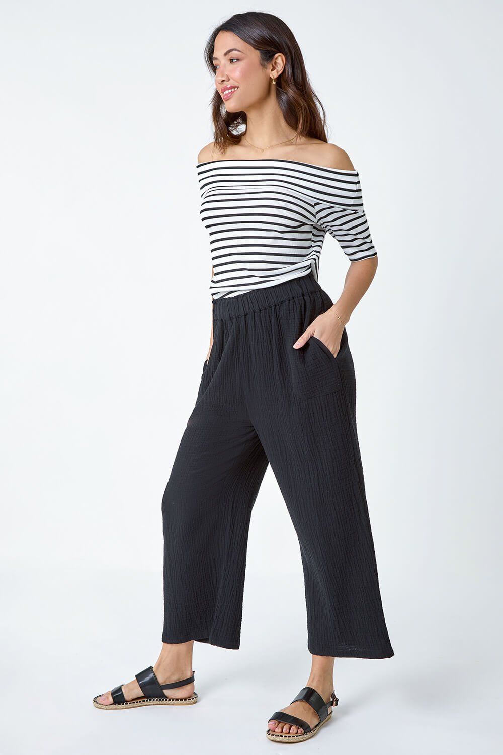 Roman Textured Cotton Elastic Waist Culotte Trousers