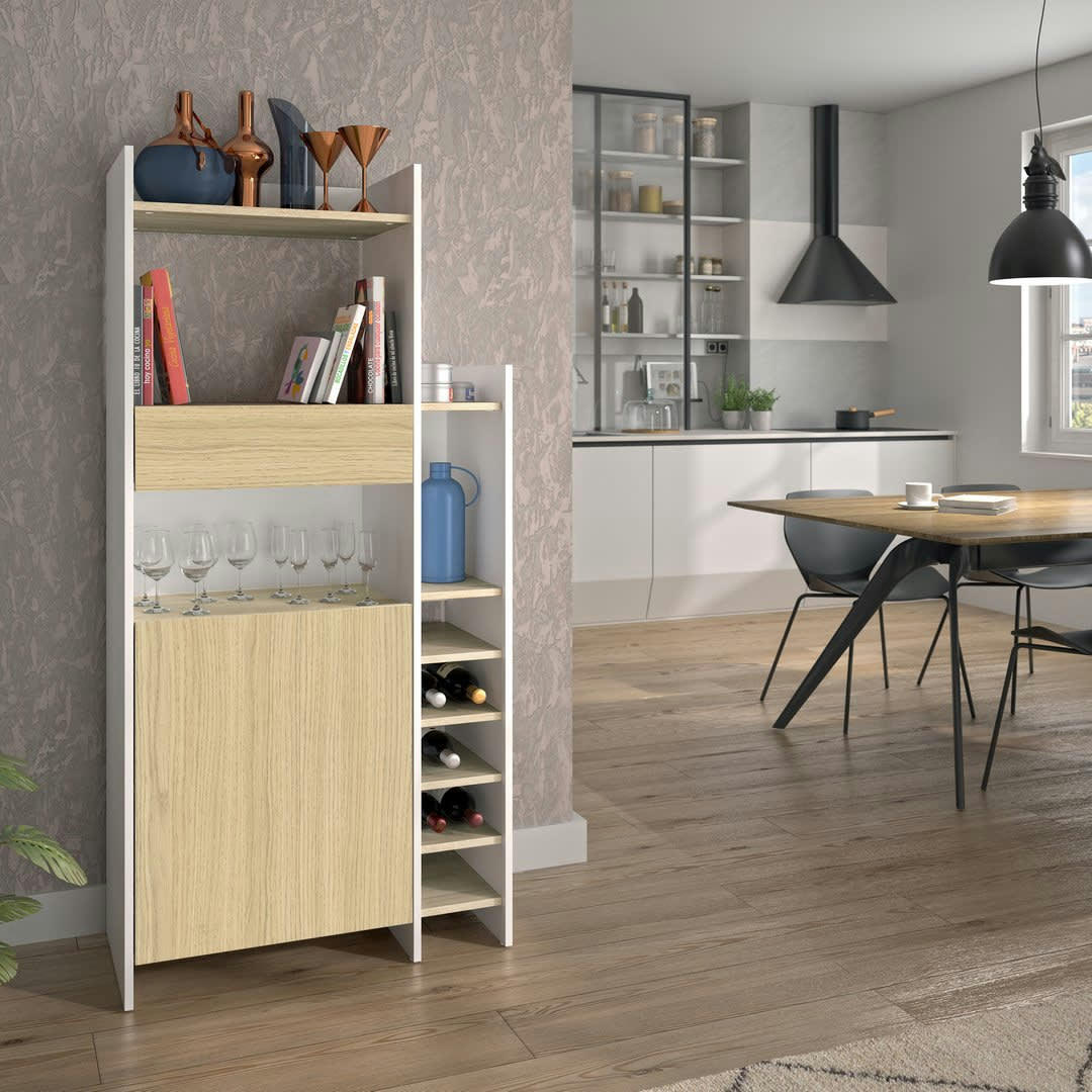 KITCHY - Desserte micro-onde effet bois blanc et chêne clair