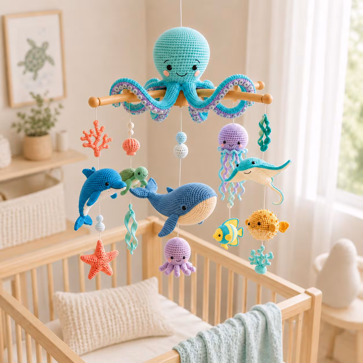 Crochet Ocean Baby Mobile, Octopus Whale Dolphin Stingray Crib Mobile, Under the Sea Nursery Decor, Handmade Baby Shower Gift