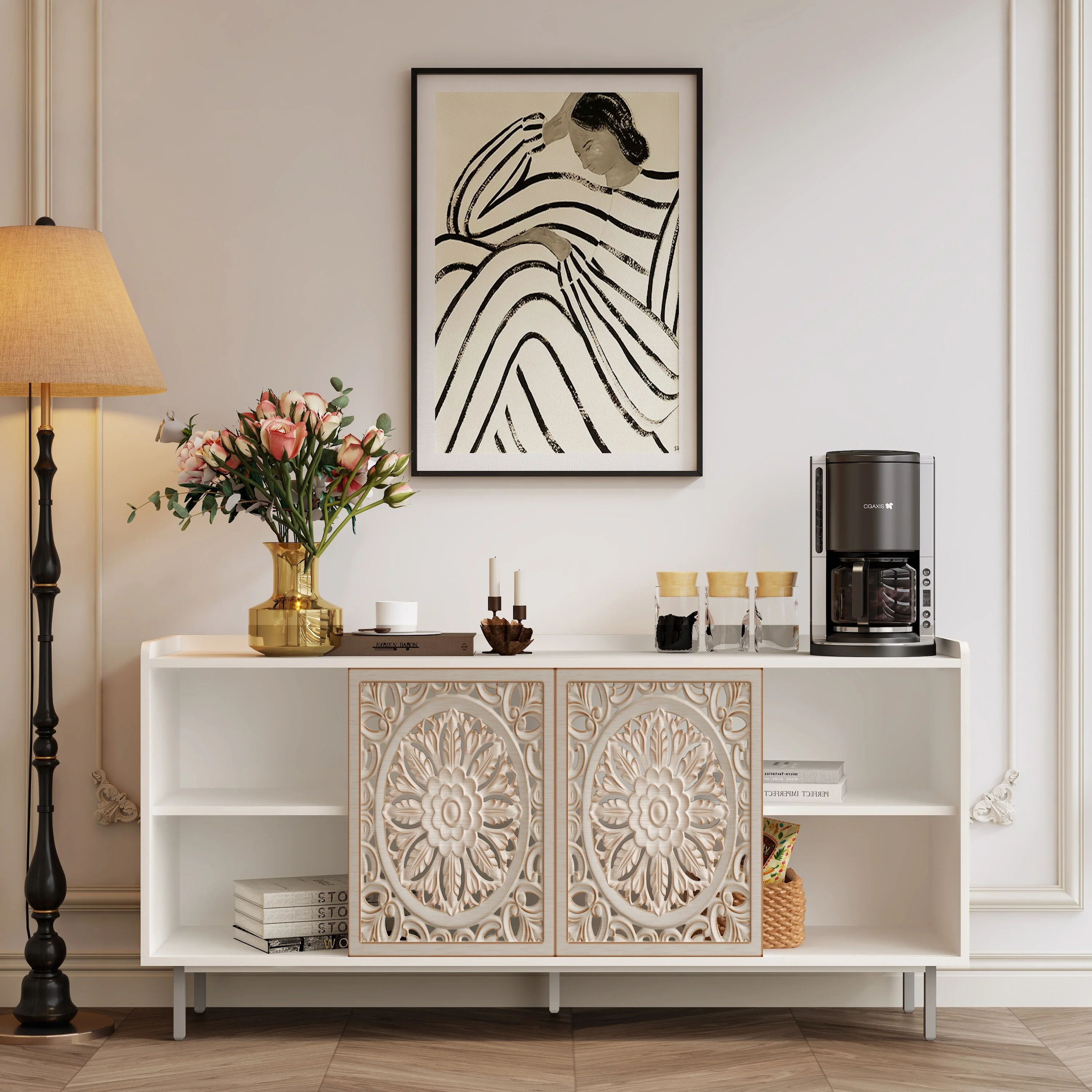 Mid-Century Modern TV Stand Kitchen Storage Curio Buffet Cabinet