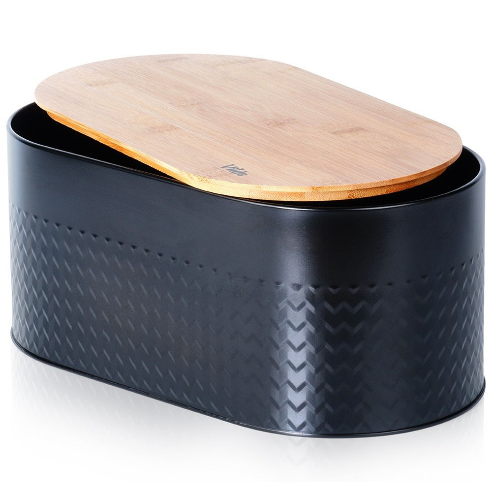 Chlebak stalowy z deską drewnianą czarny 34x18,5x15,5 cm