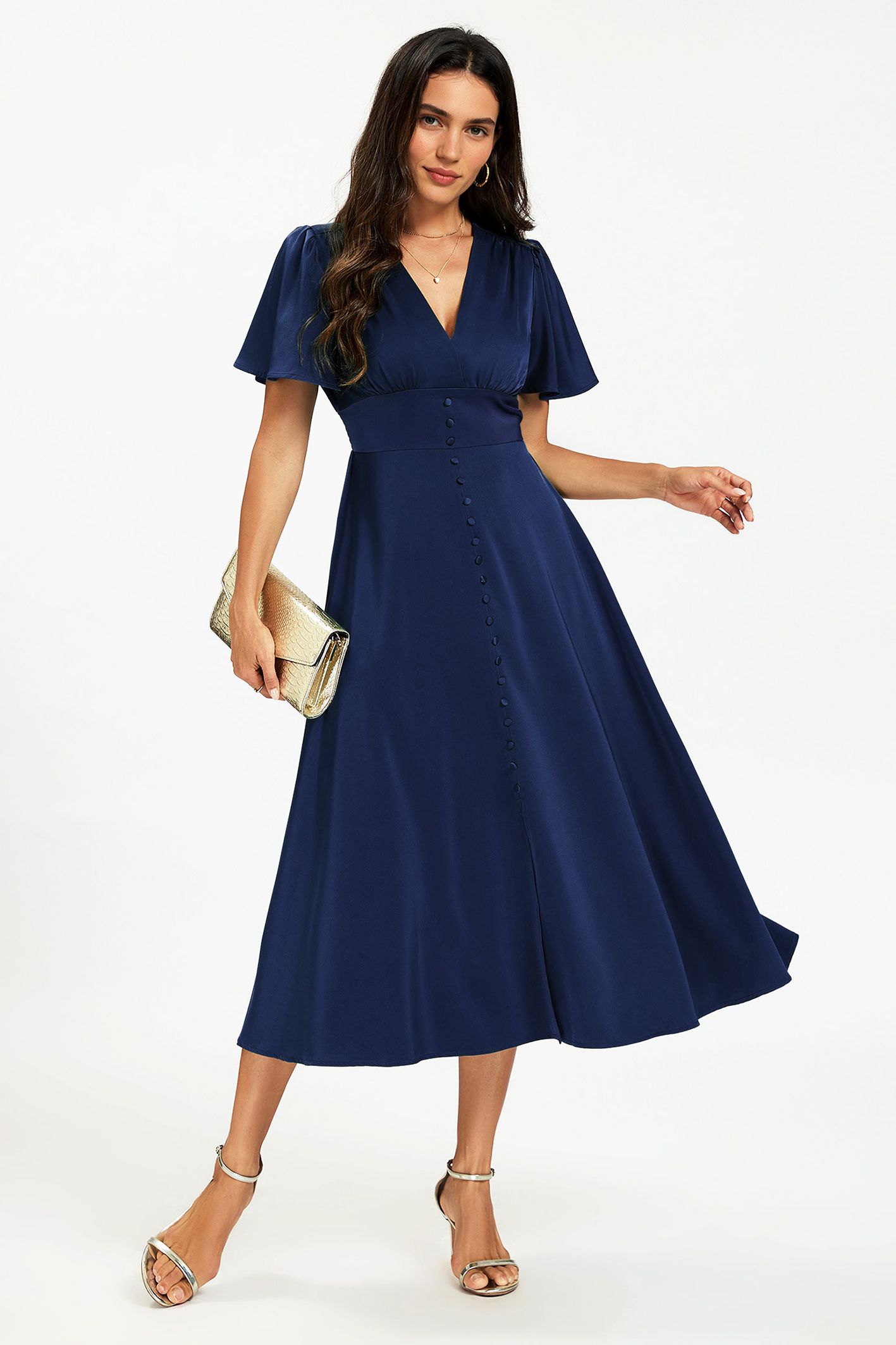 FS Collection V neckline Button Detail Satin Midi Dress