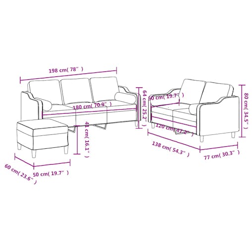 NNEVL 3 Piece Sofa Set with Pillows Black Fabric