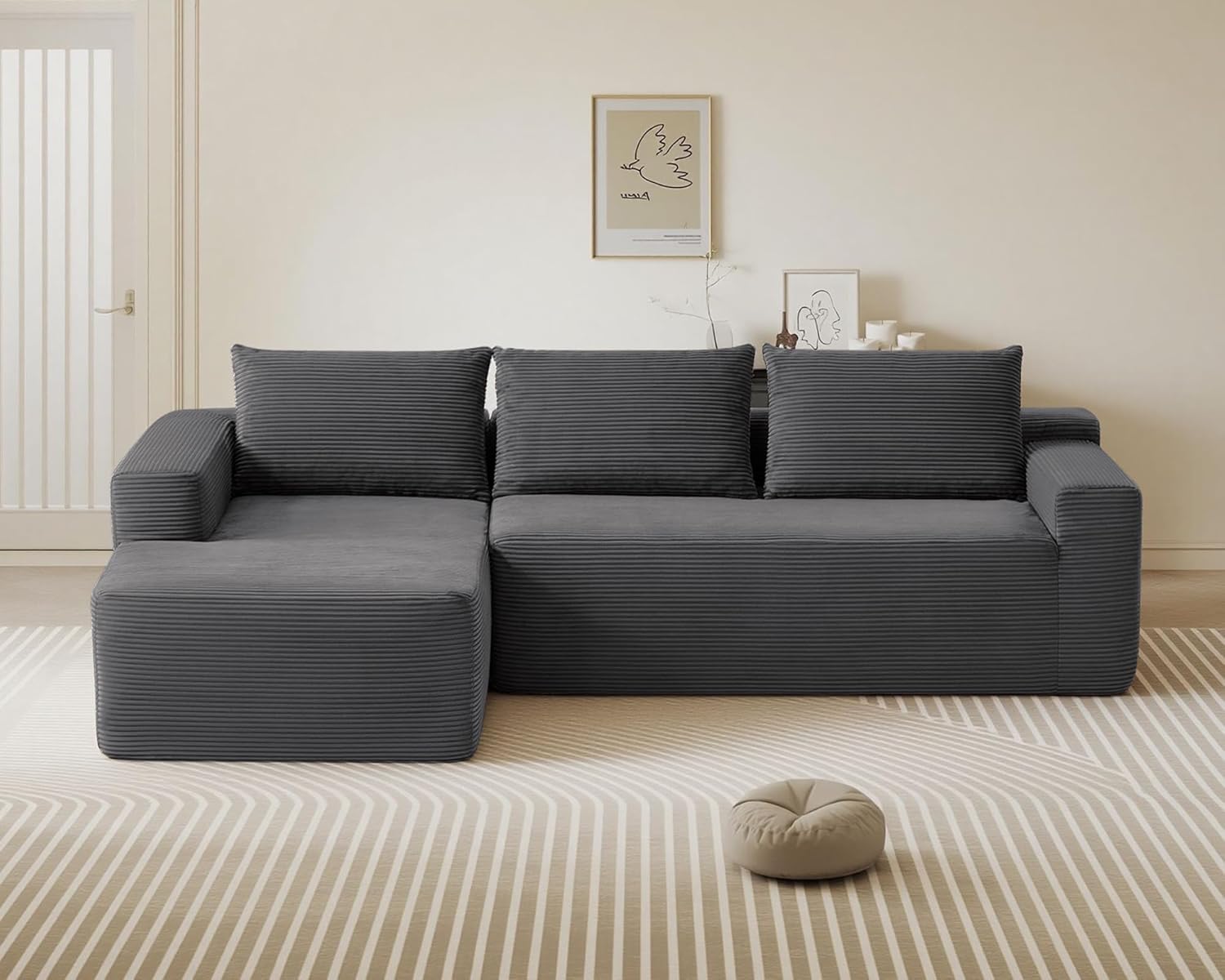 97inch Boneless L-Shaped Sectional Sofa with Throw Pillow & Side Pockets- No Assembly Compressed Modular Couch, Memory Foam, Deep Seat for Living Room, Bedroom, Apartment Grey Left