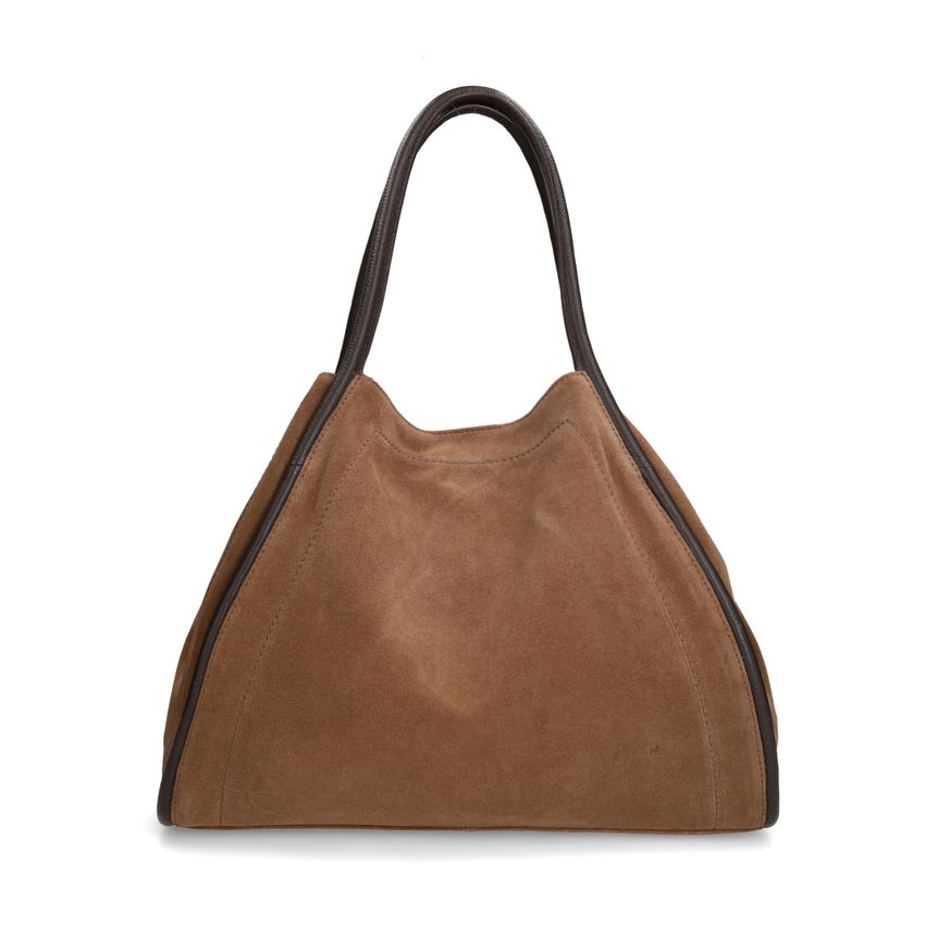 Manfield Taupe suède handtas met bruine handvaten