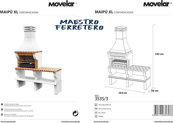 MOVELAR - Barbecue préfabriqué à bois et charbon de bois MaipuxL avec 1 support latéral (Gris, Orange- 165x58x245 cm) REF : 3535/3