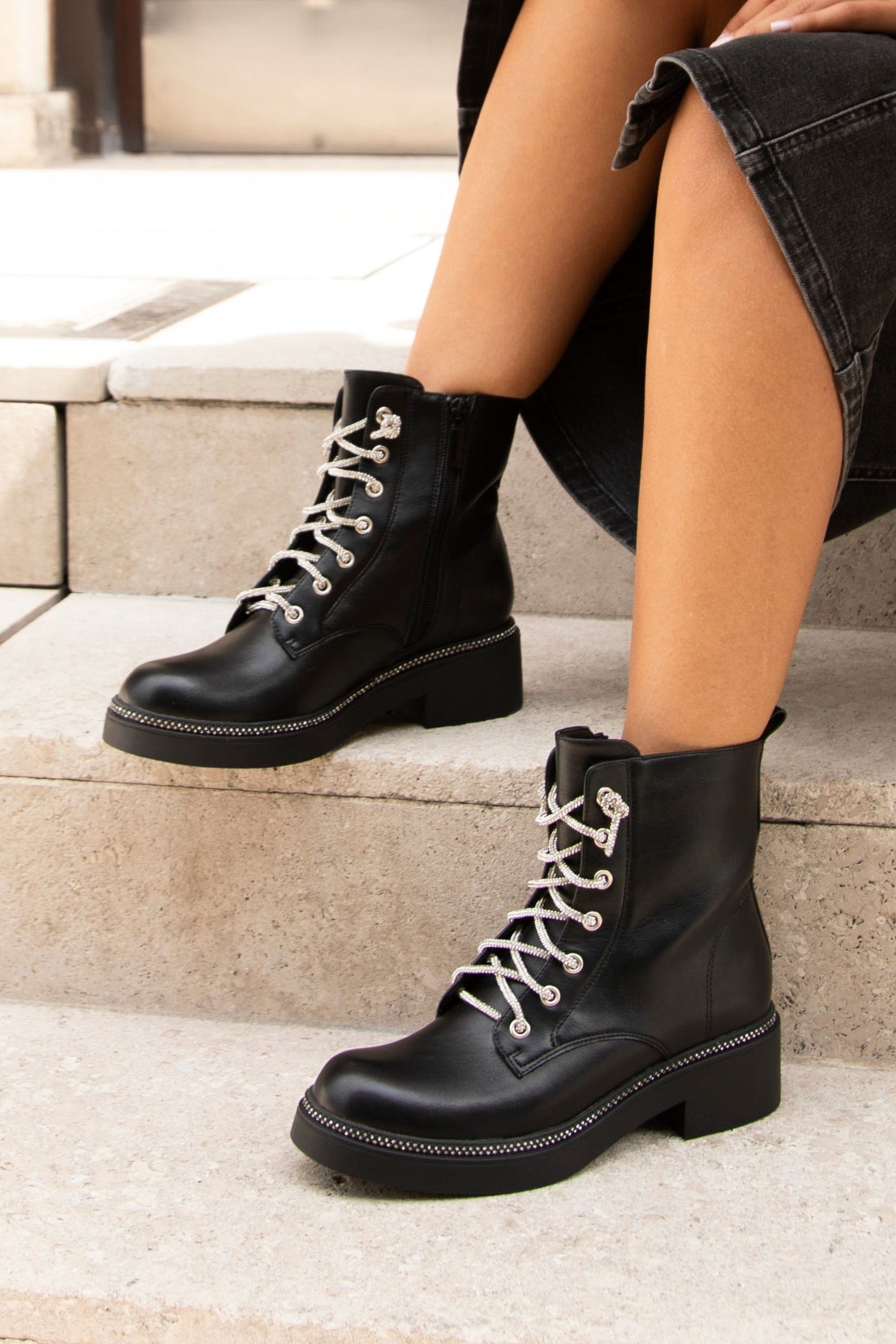 Linzi Lacey Black Faux Leather Military Style Boot