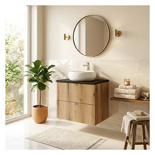 Ensemble de salle de bain suspendu VANO aspect chene et noir 60cm : meuble sous vasque à tiroirs et plan pour vasque
