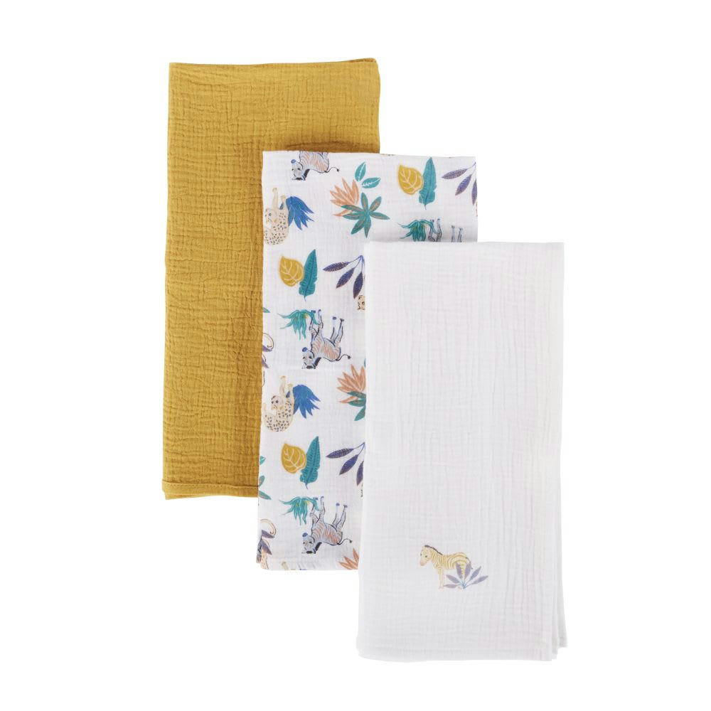 MADRID - Langes bébé en gaze de coton biologique blanc à motif zèbre, ocre et motif animalier (x3)