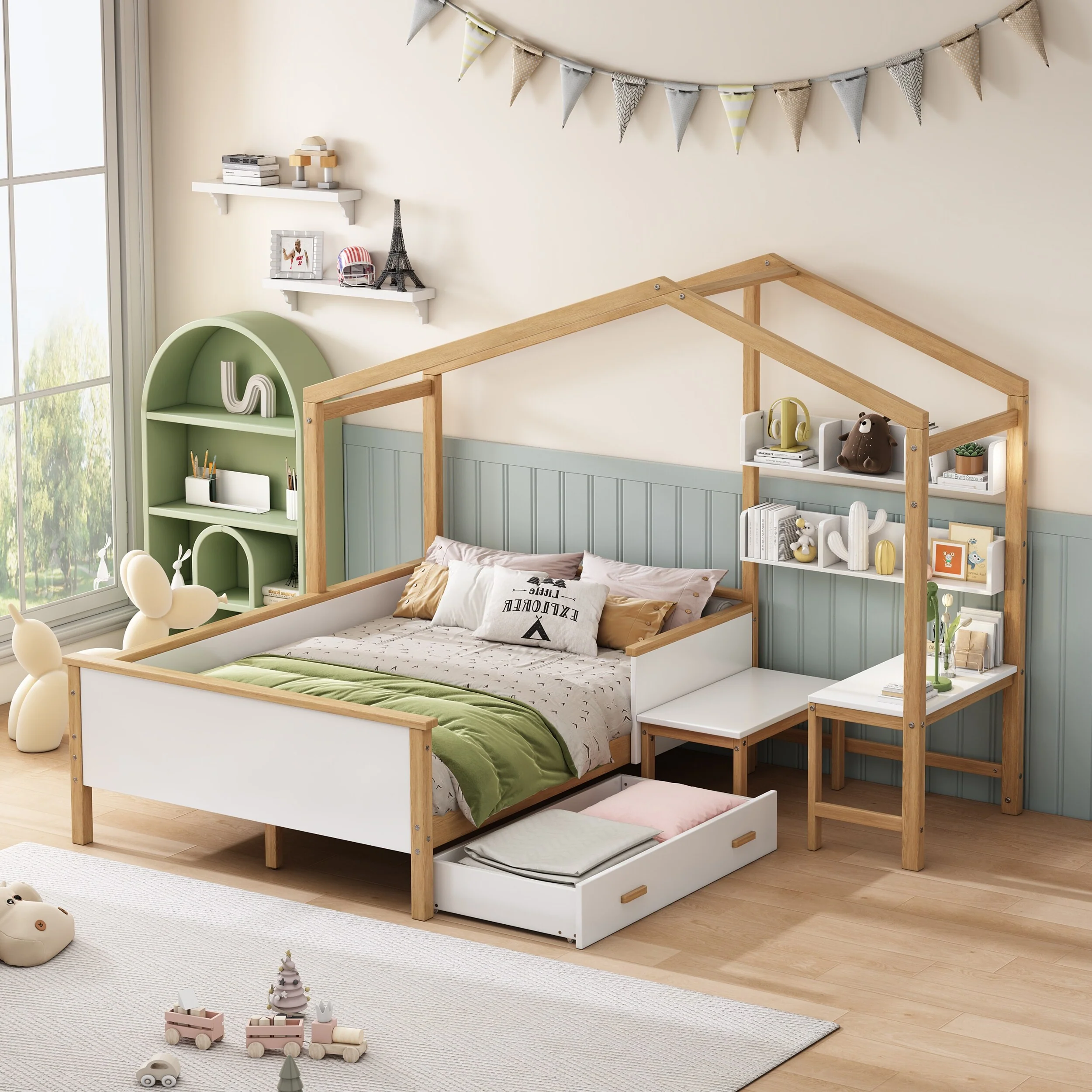 Full Size House-shaped Bed Frame All-in-one Bed with Drawer Desk Chair and Bookshelf White Original Wood Colored Frame for Kids