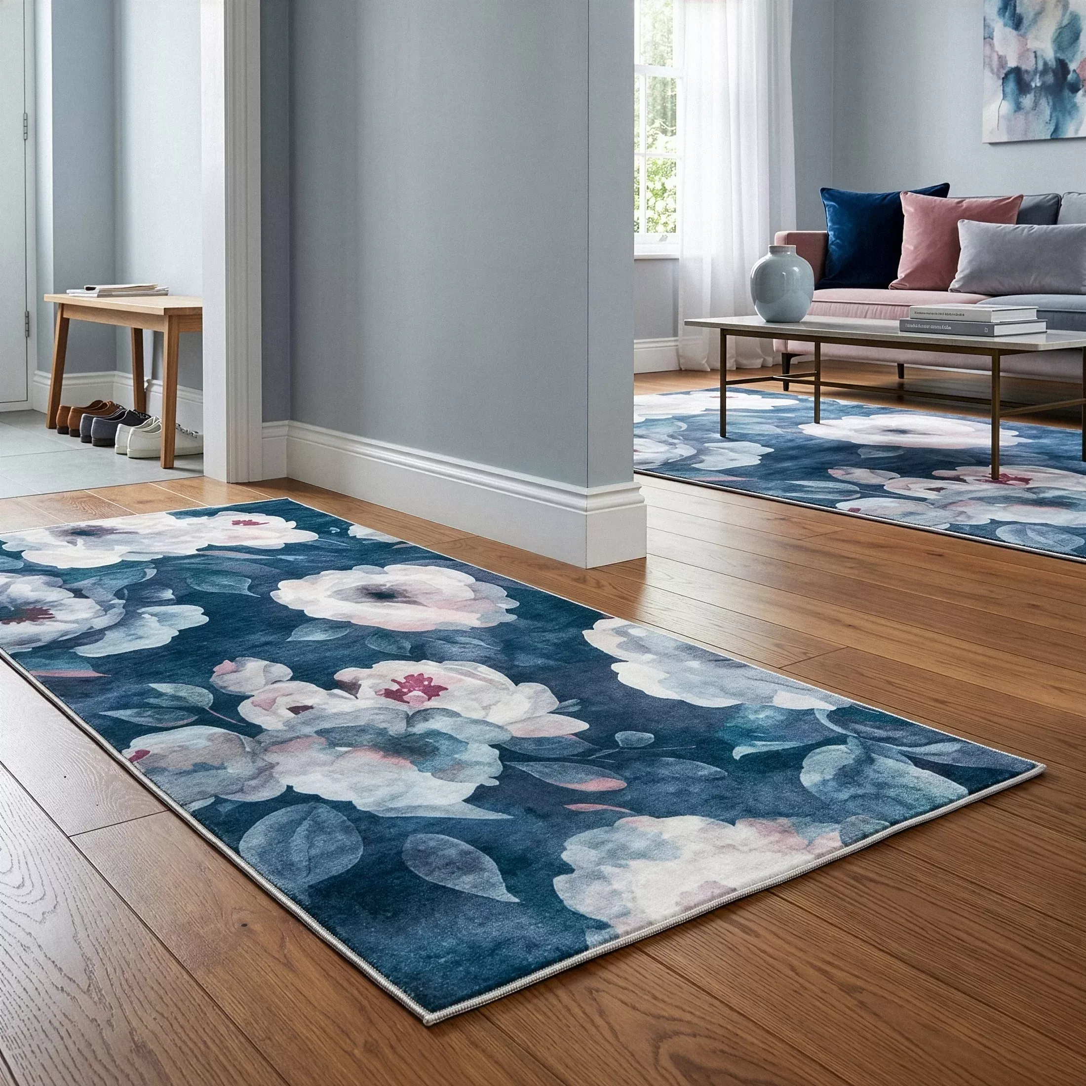 Dywan 160x220 cm ciemnoniebiesko, pudrowy z motywem kwiatu róży LOTUS 5